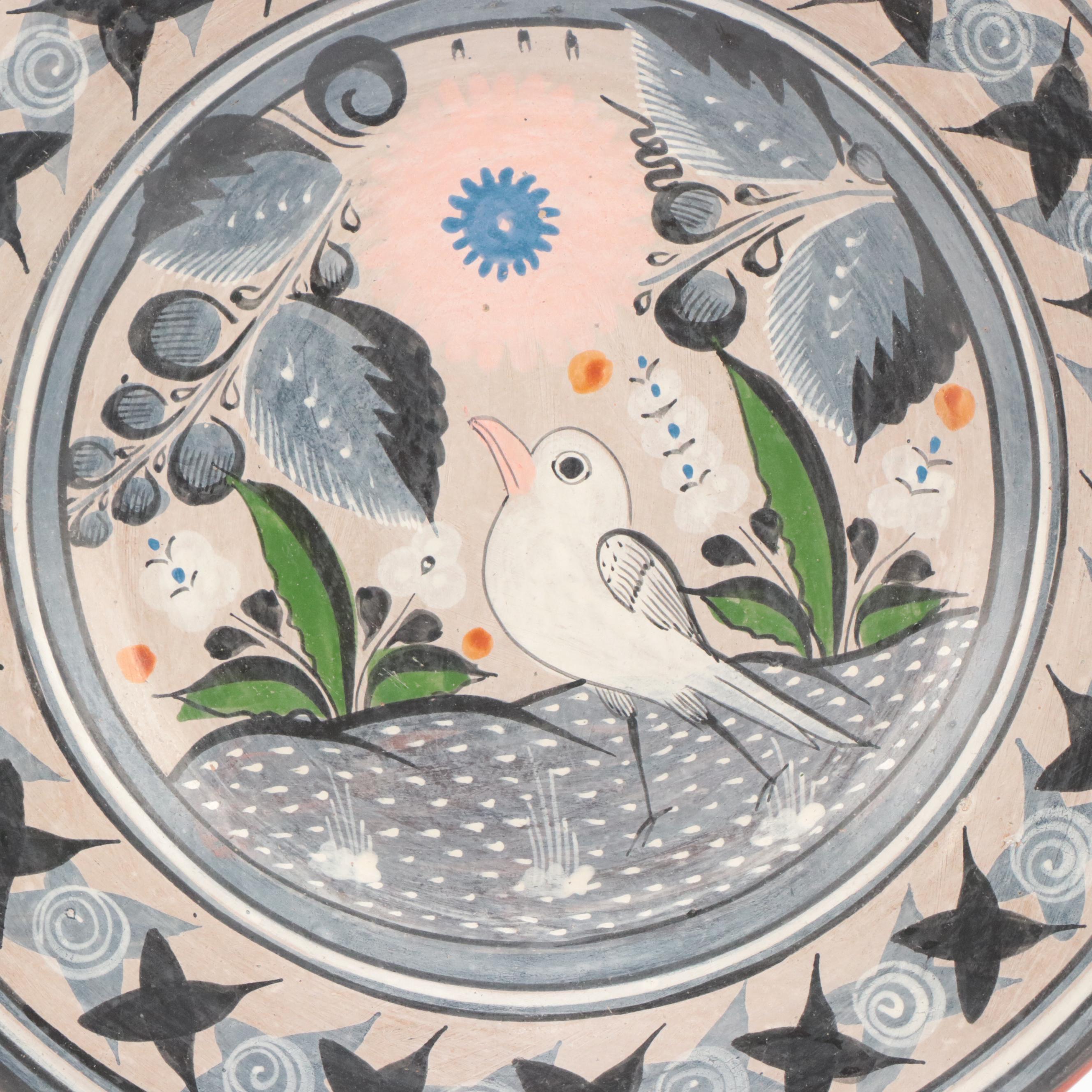 Mexican Tonala Folk Art Hand-Painted Ceramic Pitchers, Platter, and Vases