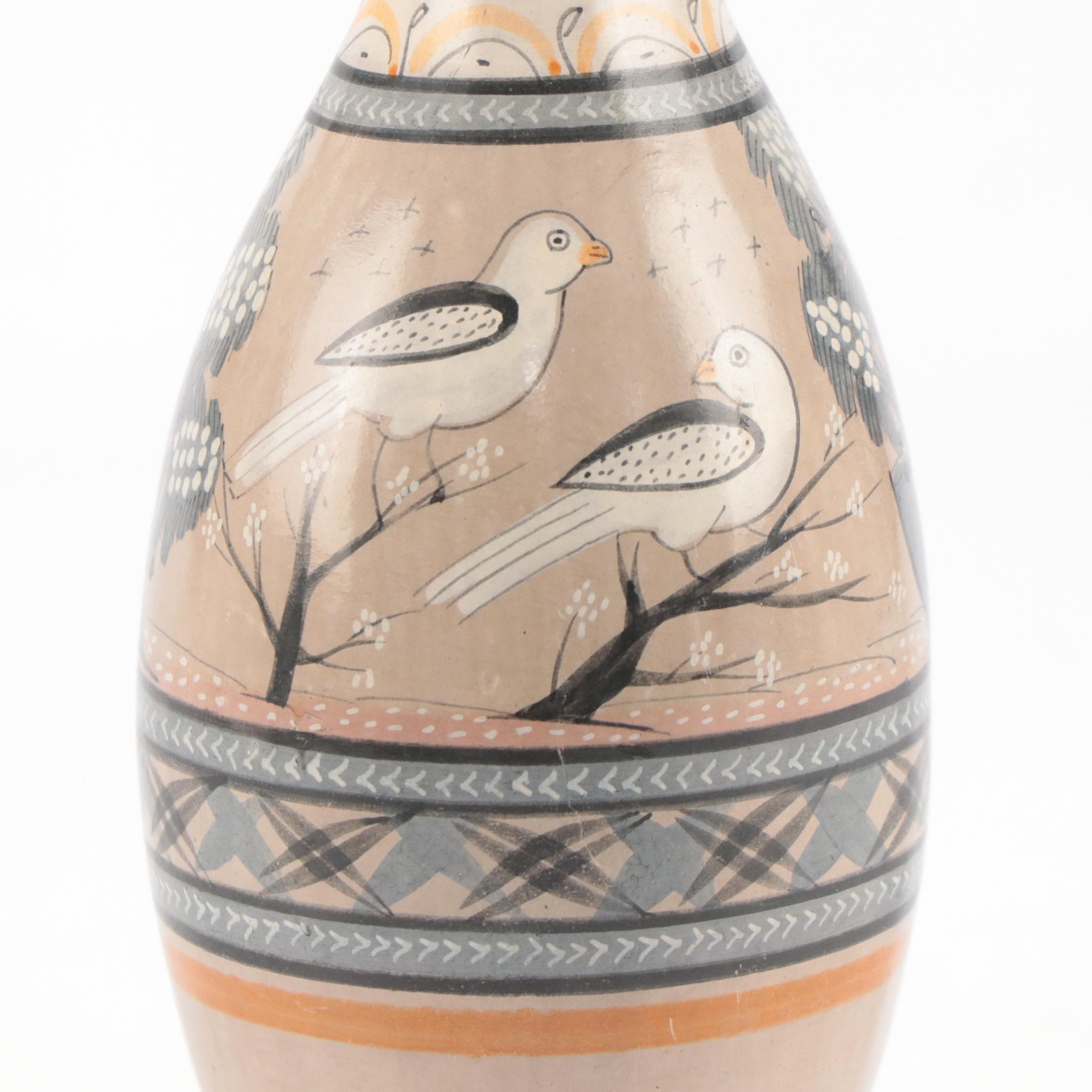 Mexican Tonala Folk Art Hand-Painted Ceramic Pitchers, Platter, and Vases