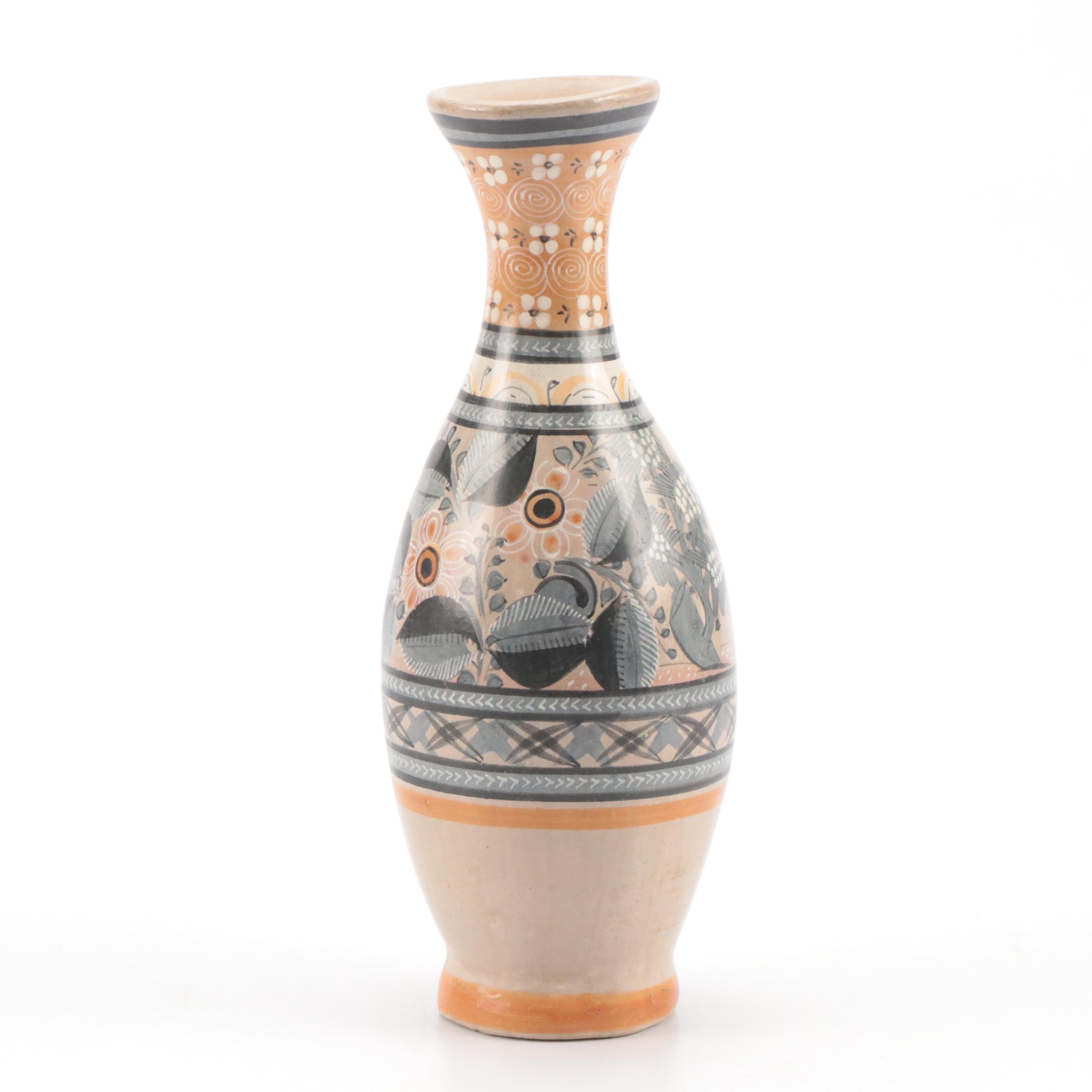 Mexican Tonala Folk Art Hand-Painted Ceramic Pitchers, Platter, and Vases