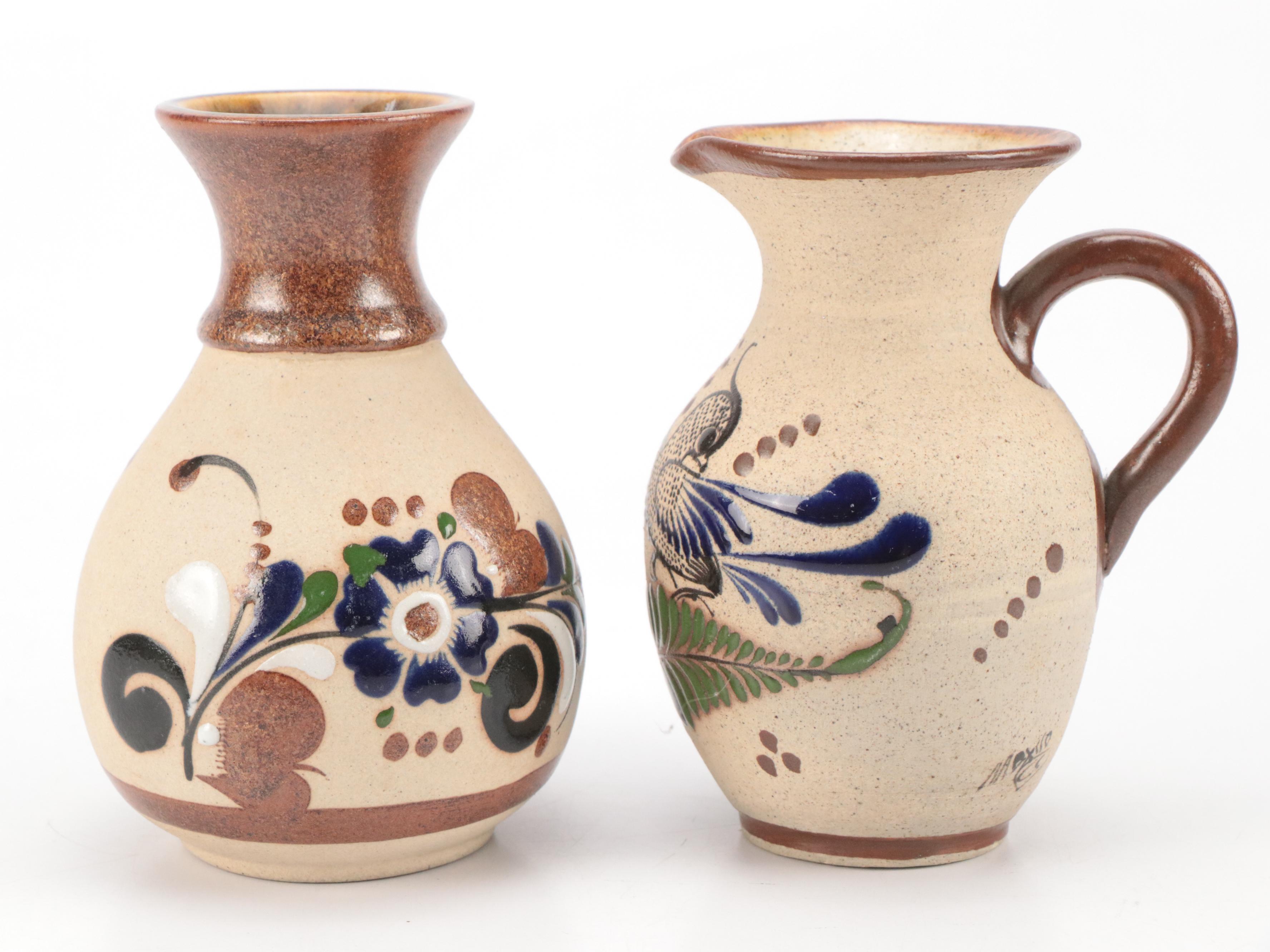 Mexican Tonala Folk Art Hand-Painted Ceramic Pitchers, Platter, and Vases