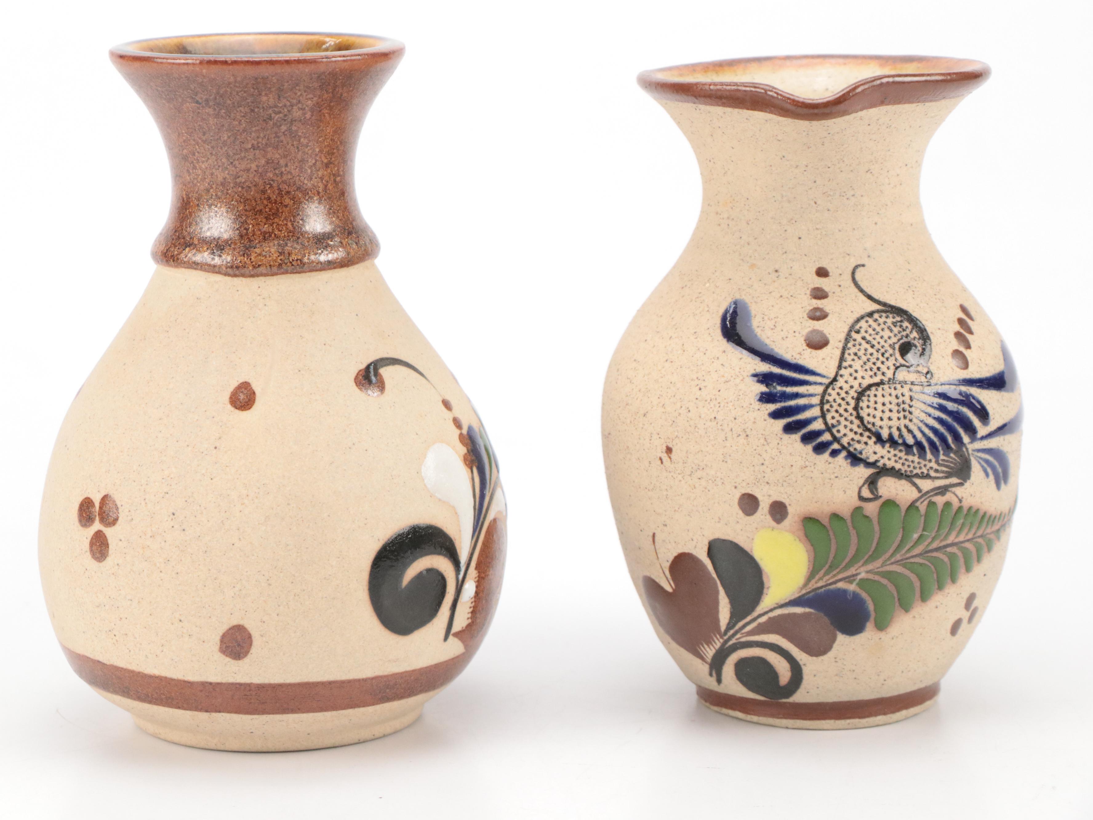 Mexican Tonala Folk Art Hand-Painted Ceramic Pitchers, Platter, and Vases