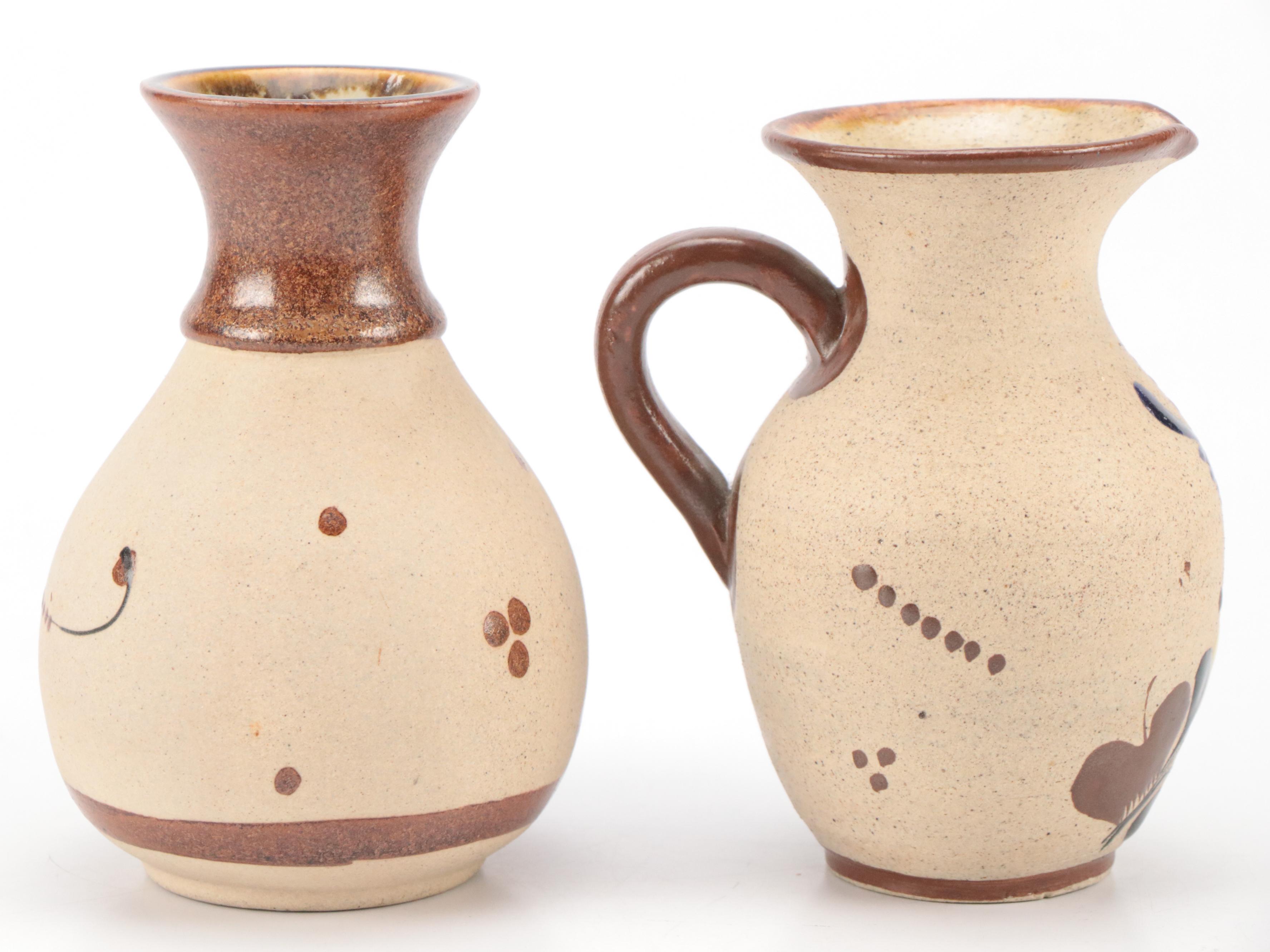 Mexican Tonala Folk Art Hand-Painted Ceramic Pitchers, Platter, and Vases