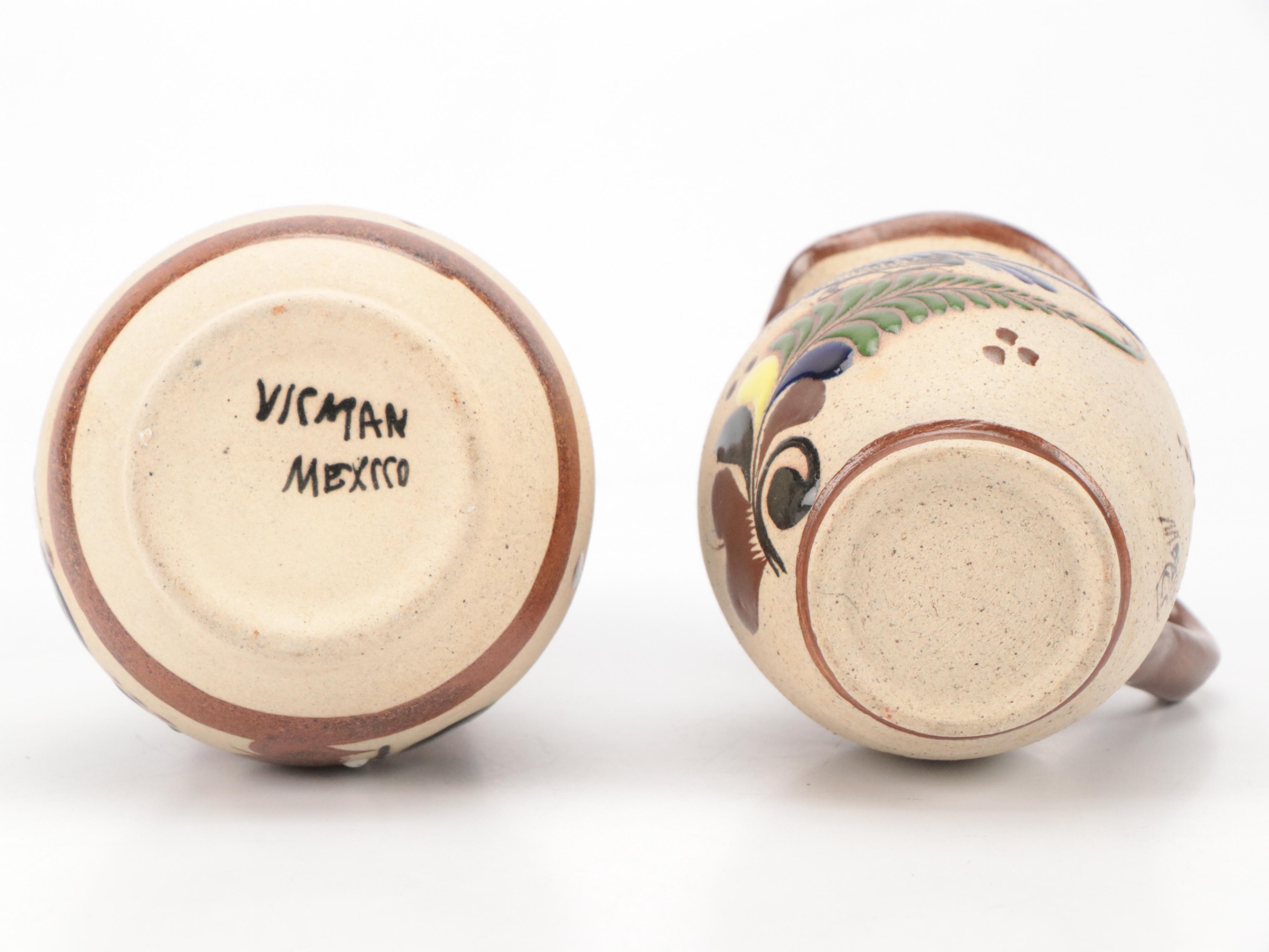 Mexican Tonala Folk Art Hand-Painted Ceramic Pitchers, Platter, and Vases