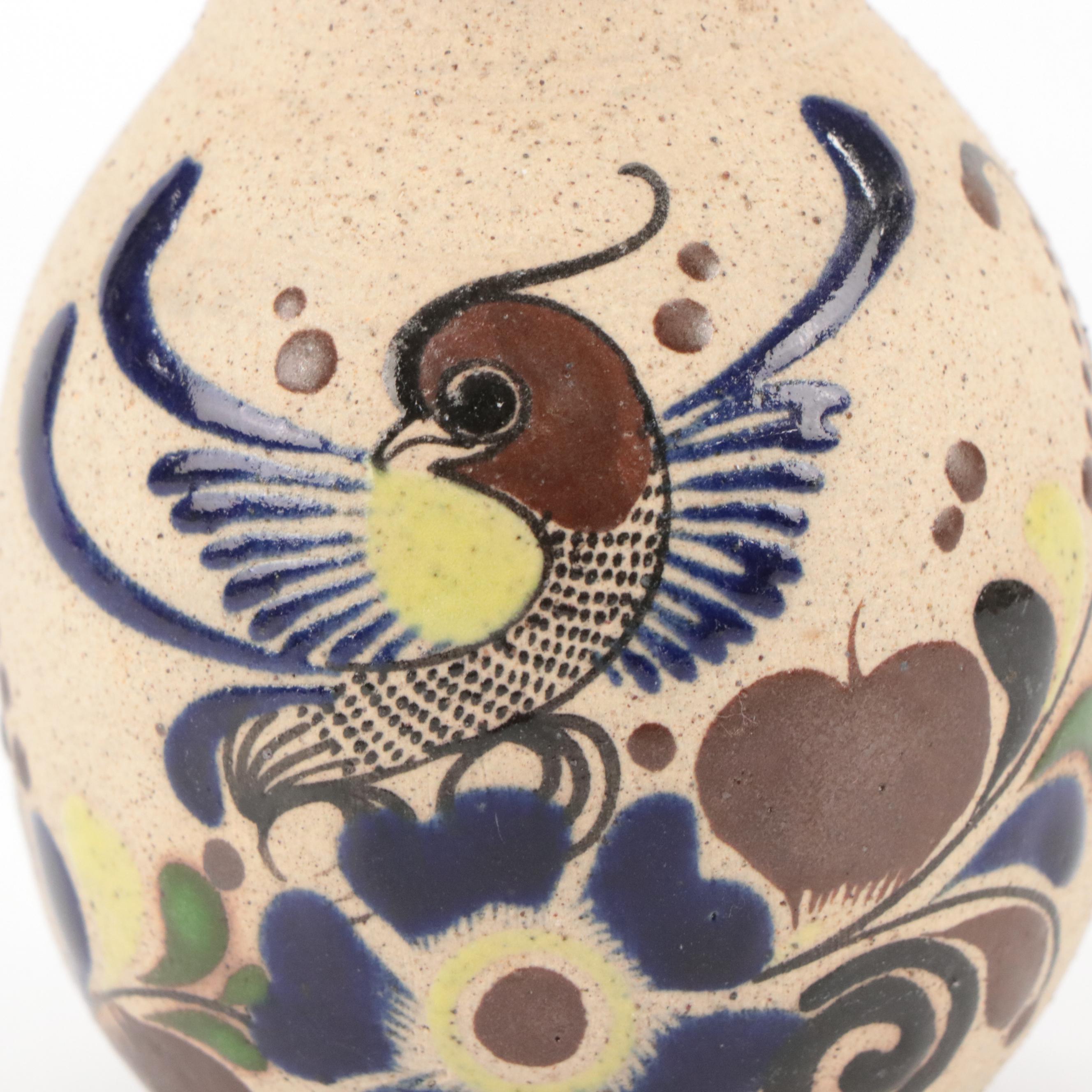 Mexican Tonala Folk Art Hand-Painted Ceramic Pitchers, Platter, and Vases