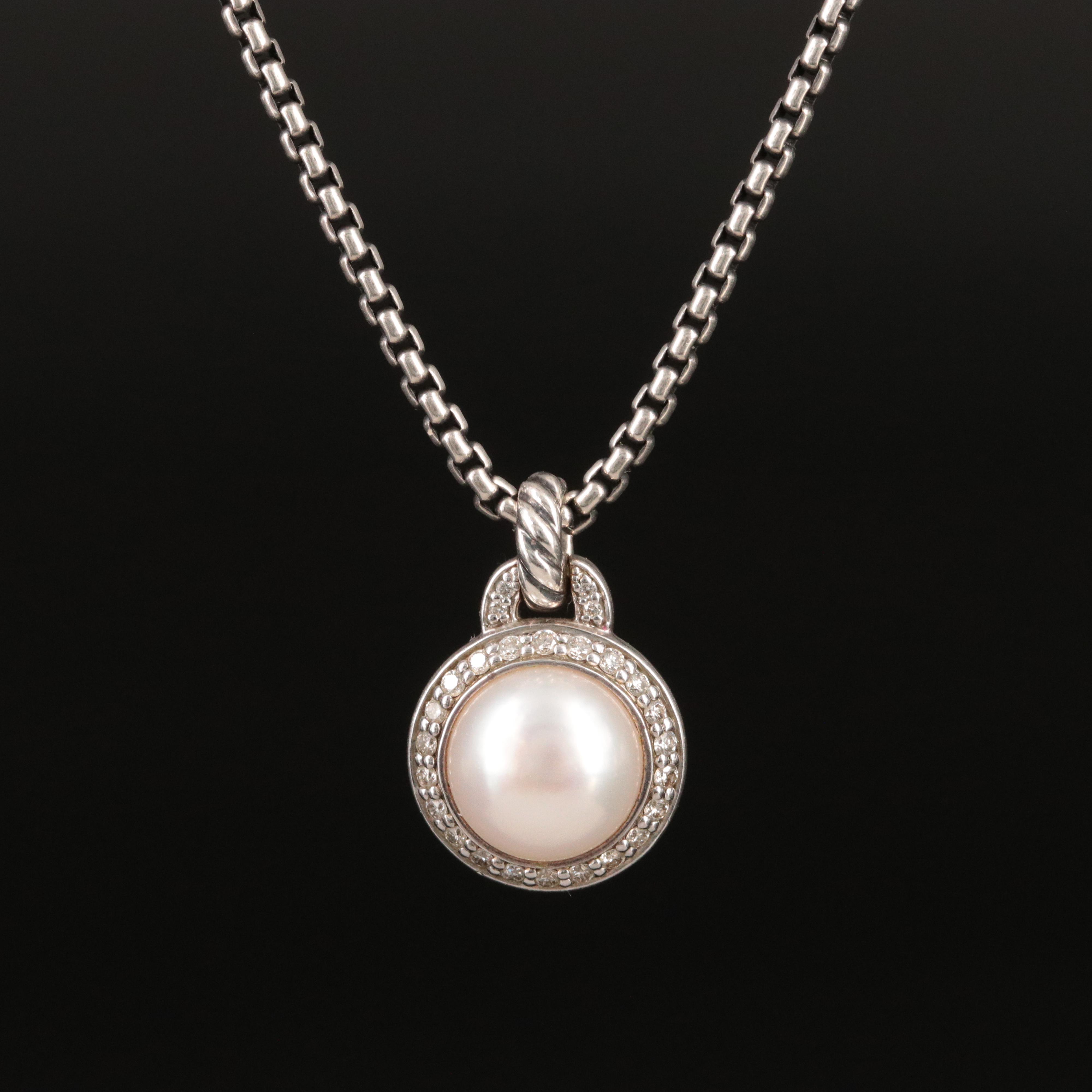 David Yurman Petite Cerise Sterling Pearl and Diamond Necklace