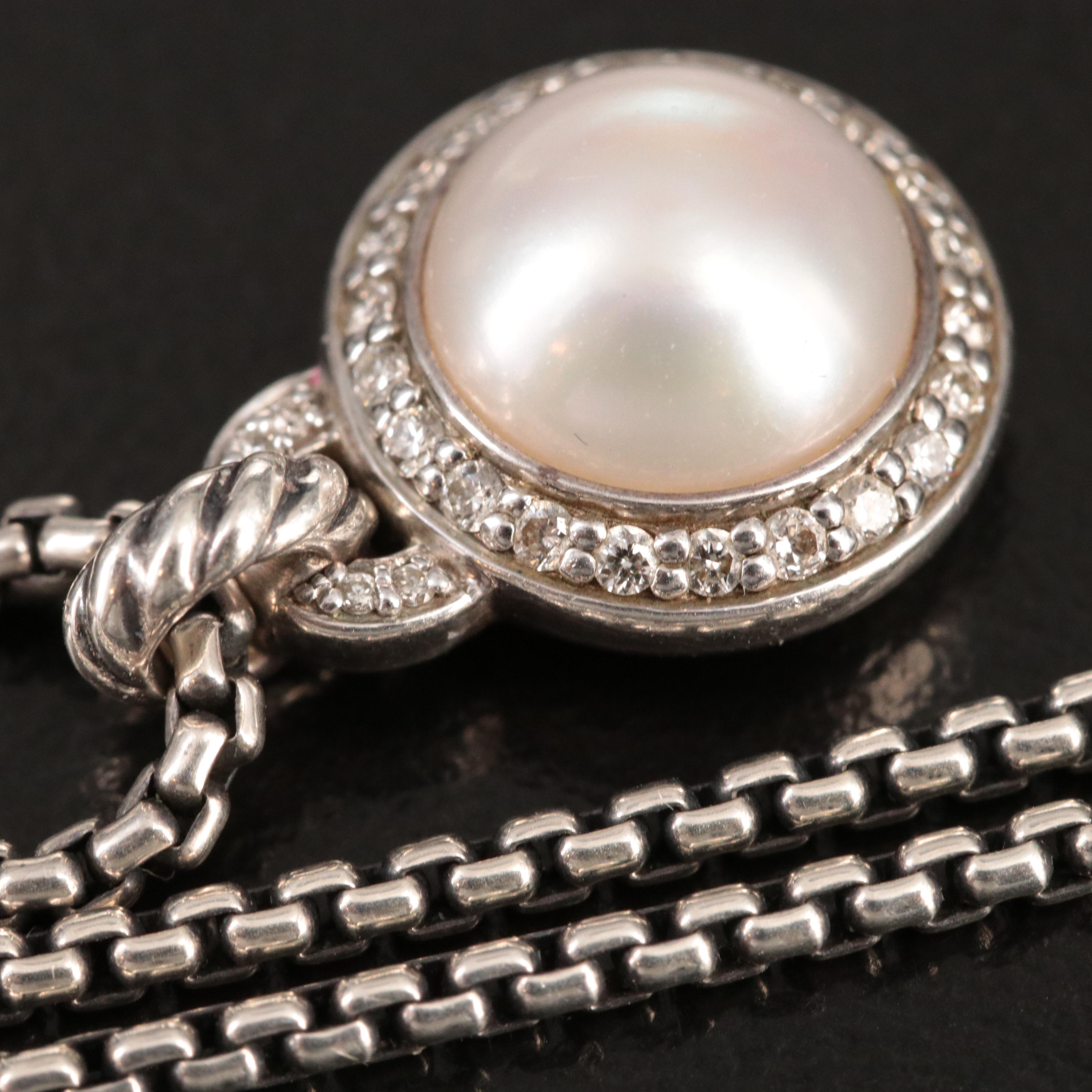 David Yurman Petite Cerise Sterling Pearl and Diamond Necklace