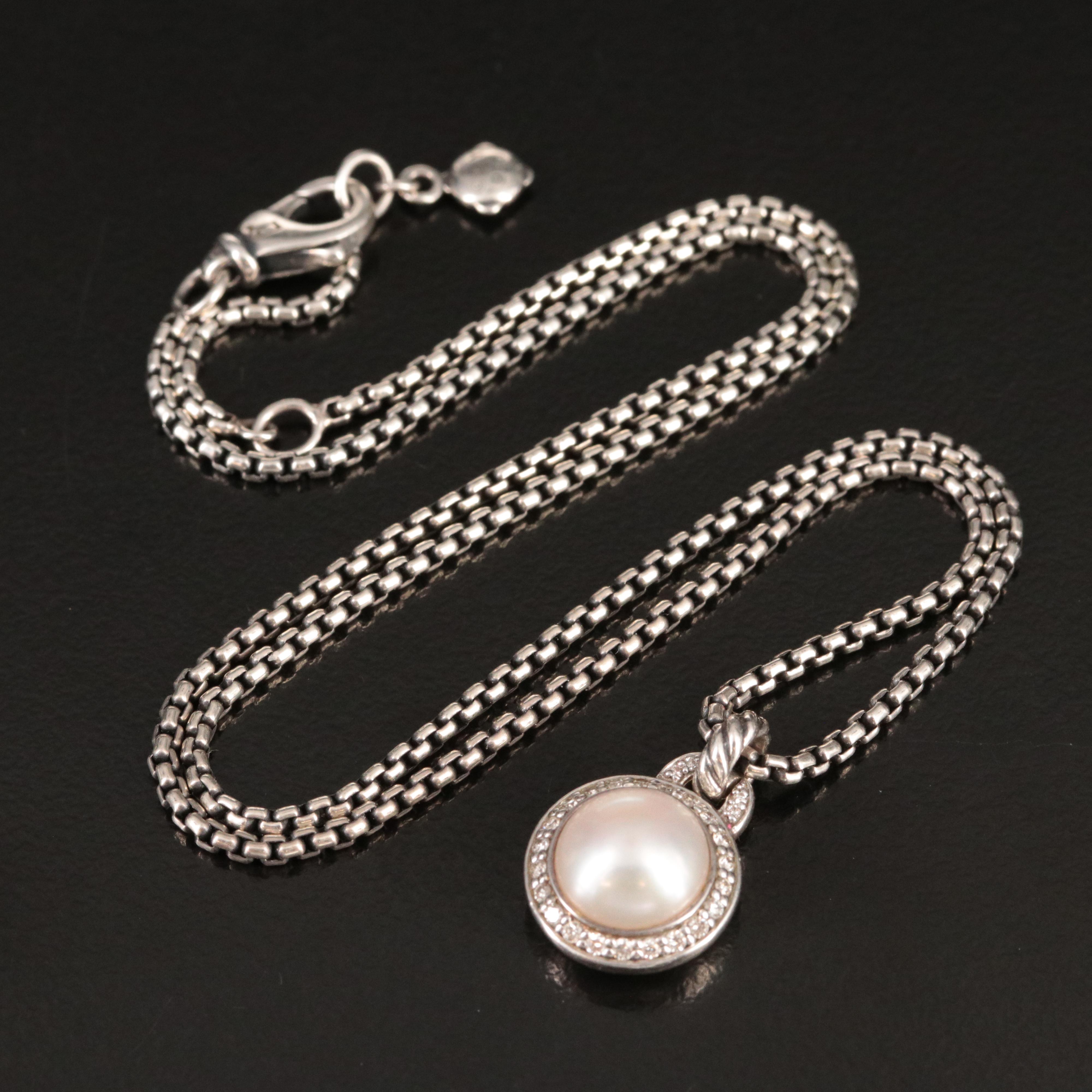 David Yurman Petite Cerise Sterling Pearl and Diamond Necklace