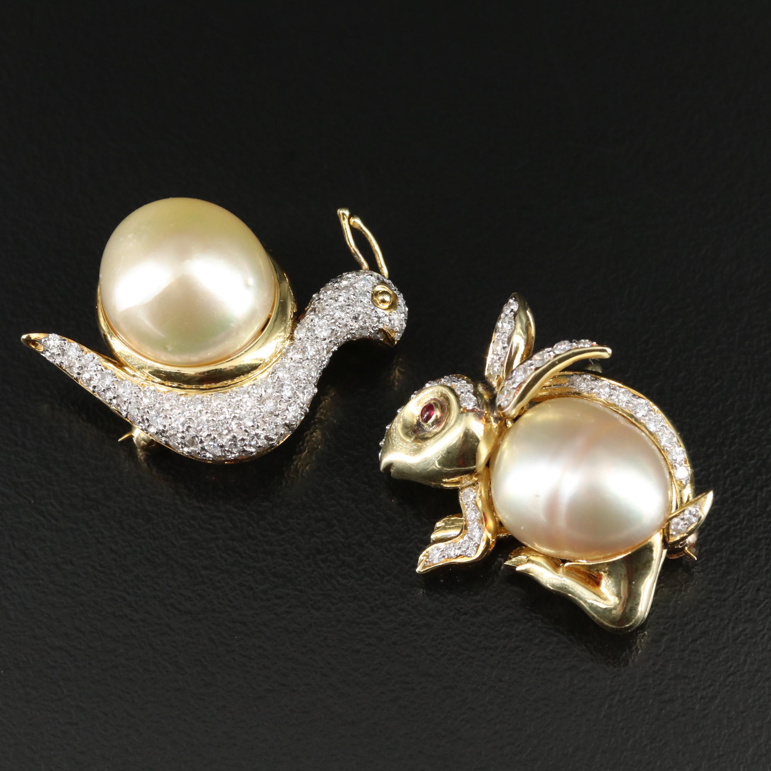 18K Pearl and Diamond Converter Brooches