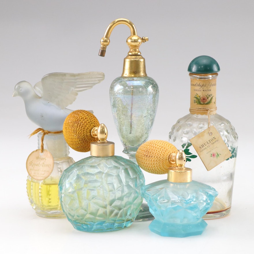 Blue Crackle Glass Perfume Atomizer with Other Perfume Bottles, Mid 20th Century