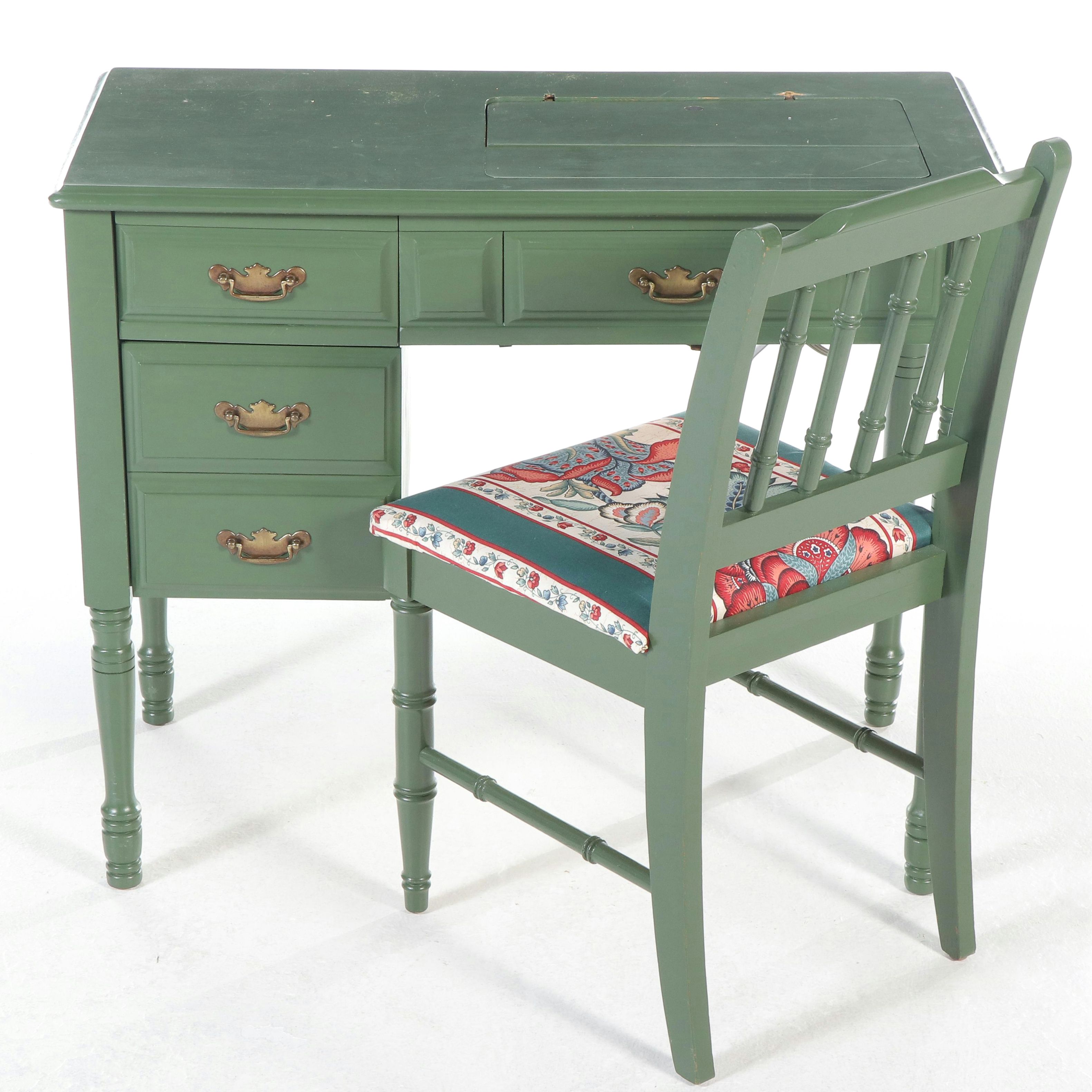 Singer Mid-Century Sewing Machine with Cabinet and Chair, Notions, Accessories