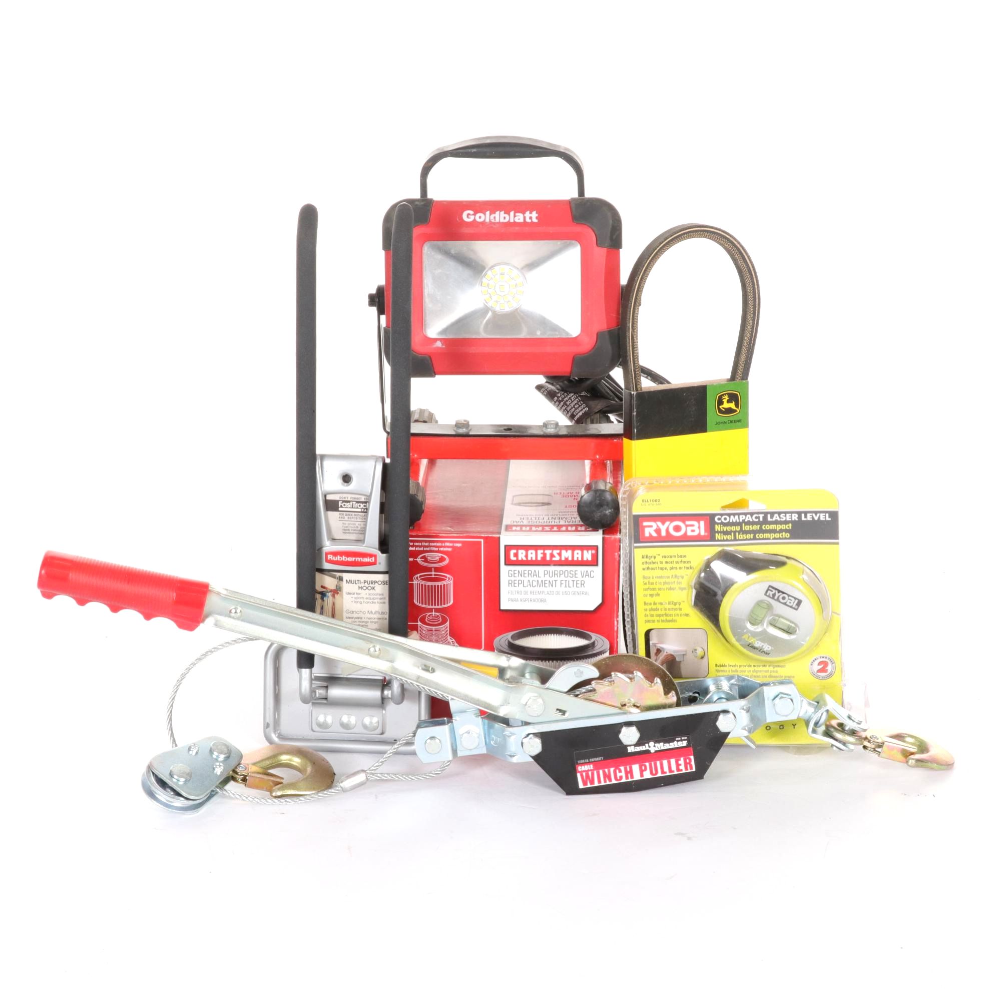 Haul Master Winch Puller, Goldblatt Work Light, Ryobi Laser Level, & More