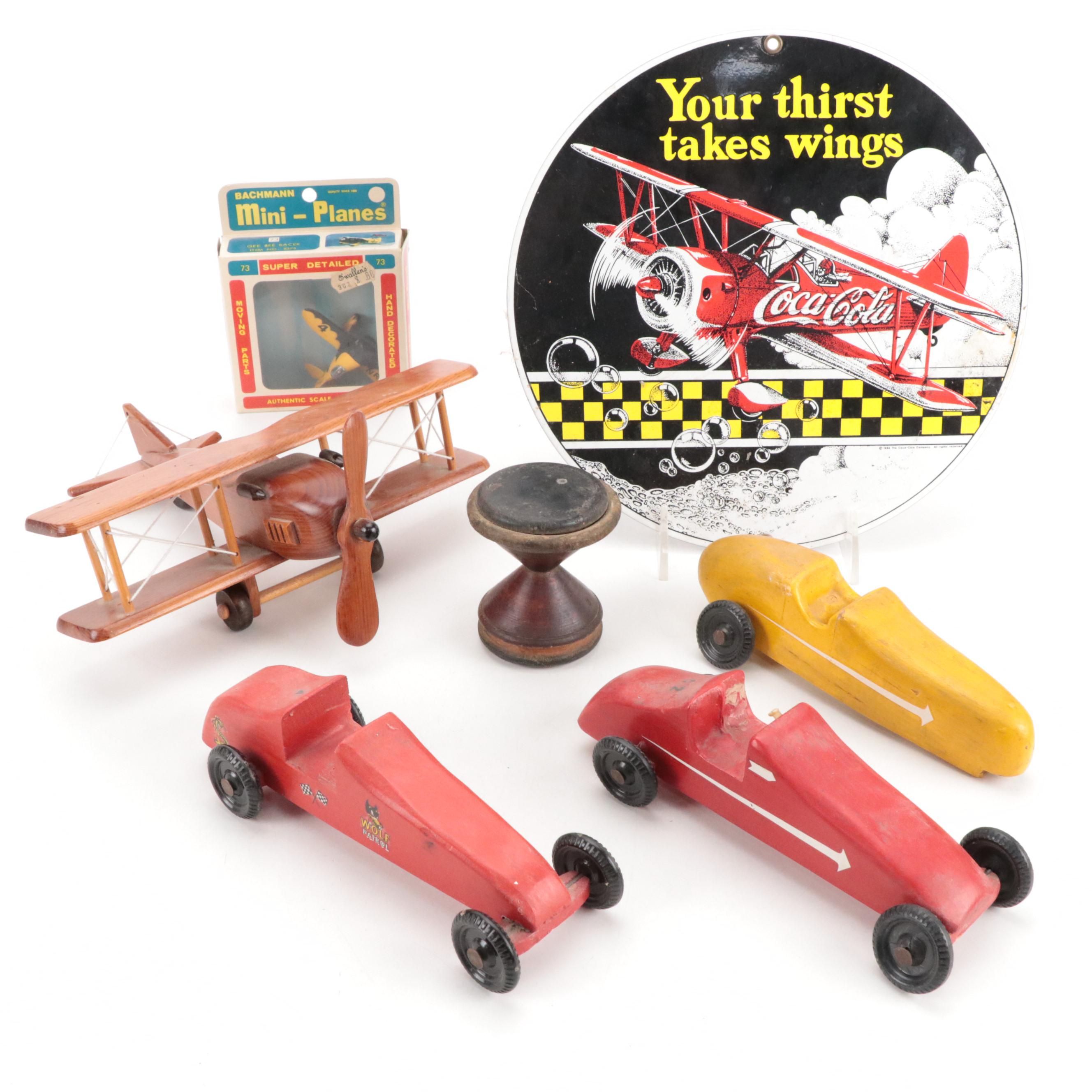 Hand-Carved Wooden Pine Box Derby Cars with Toy Biplane, Coca-Cola Plaque