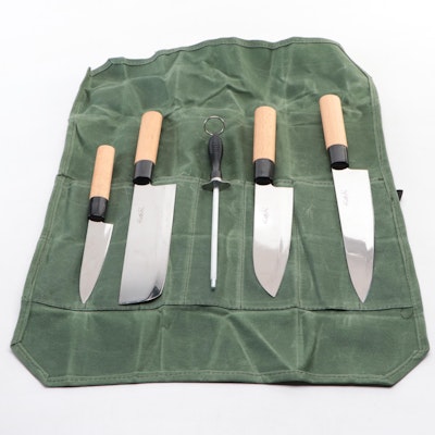 Hiroshi Steel and Wooden Handled Chef Knife Set with Canvas Roll