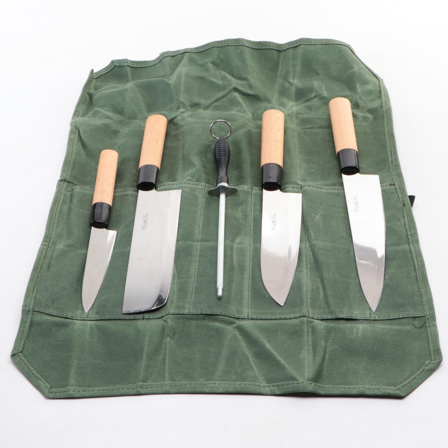Hiroshi Steel and Wooden Handled Chef Knife Set with Canvas Roll