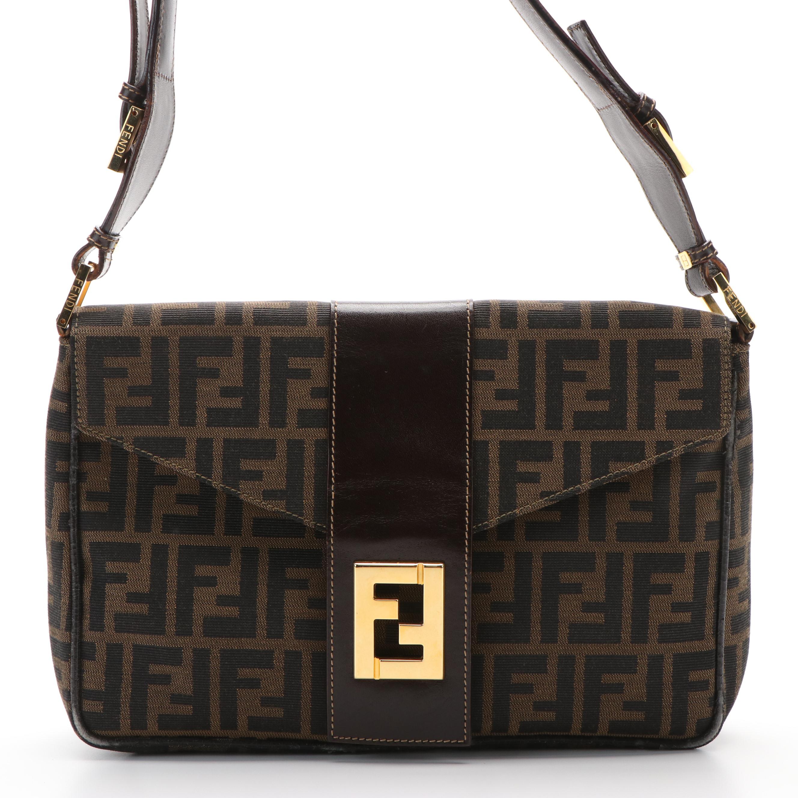 Fendi Envelope Shoulder Bag in Zucca Canvas and Brown Leather