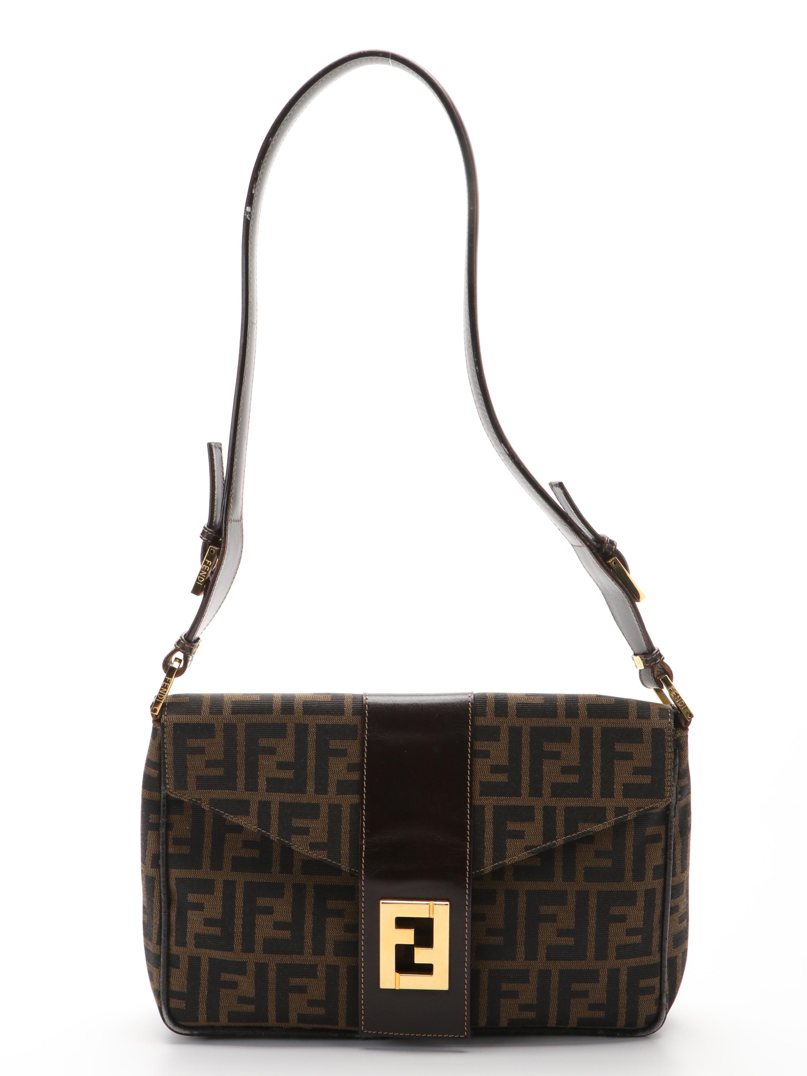 Fendi Envelope Shoulder Bag in Zucca Canvas and Brown Leather