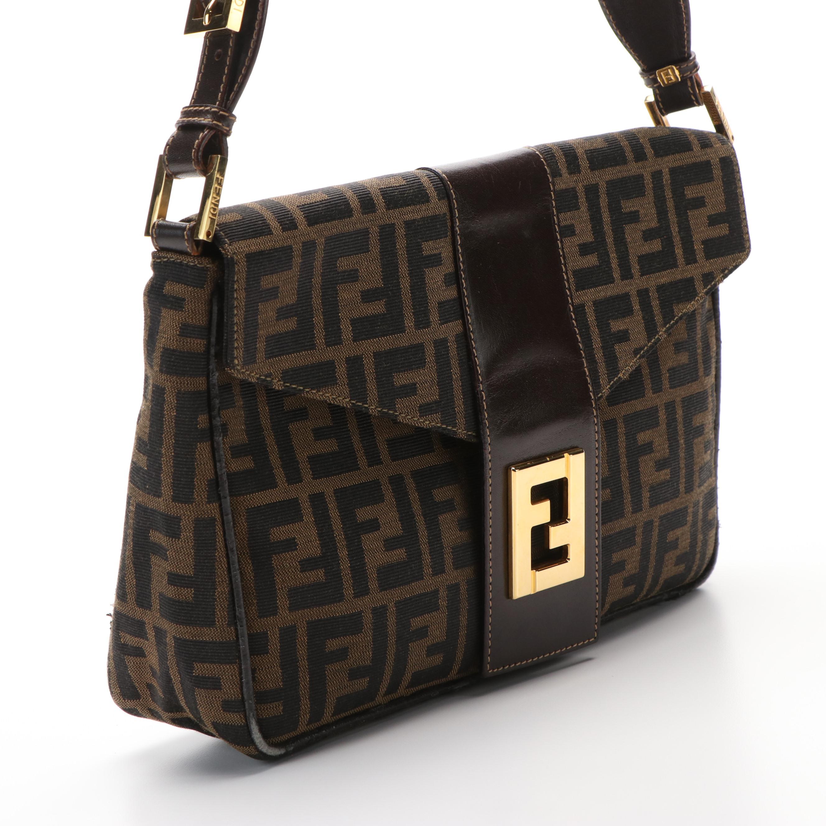 Fendi Envelope Shoulder Bag in Zucca Canvas and Brown Leather