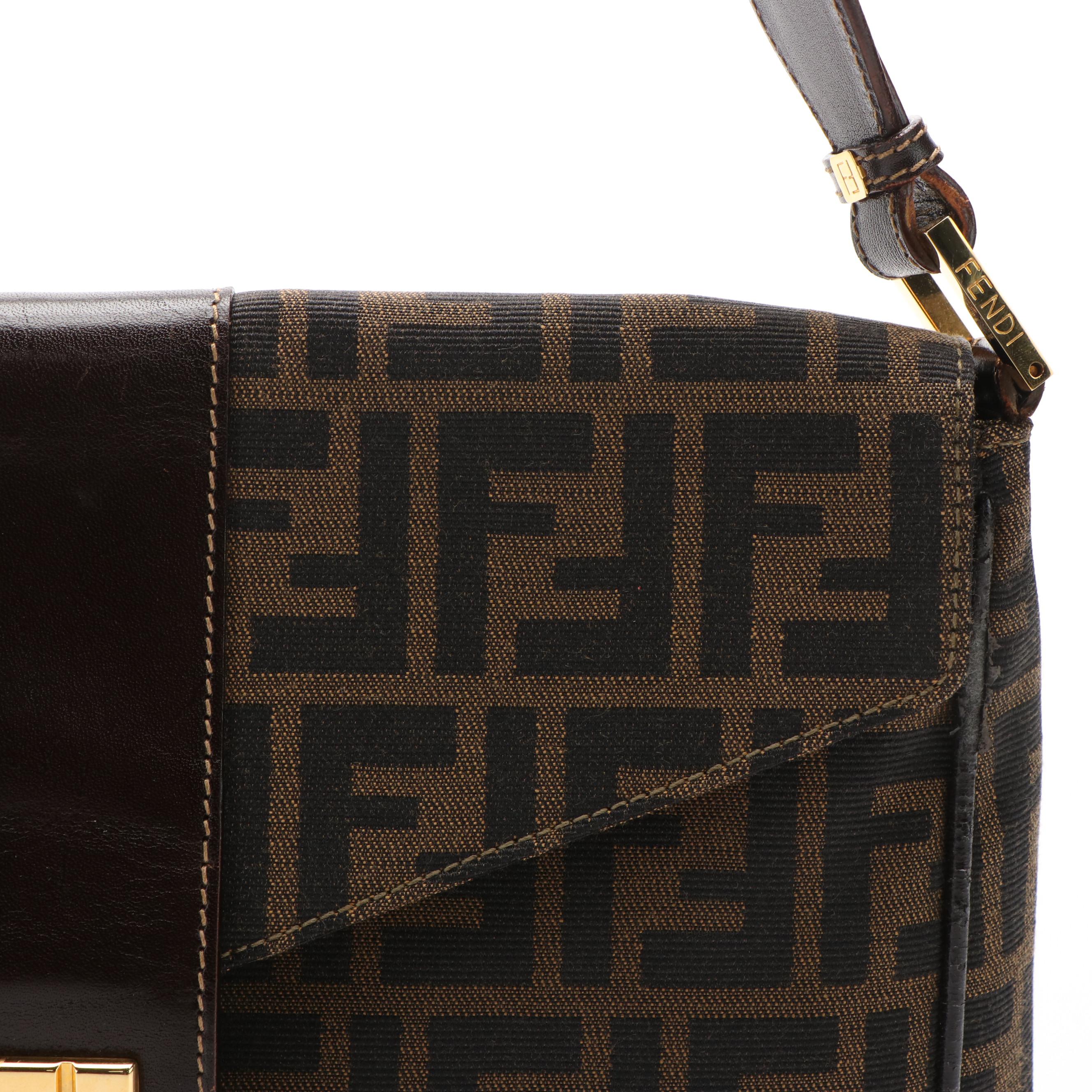 Fendi Envelope Shoulder Bag in Zucca Canvas and Brown Leather
