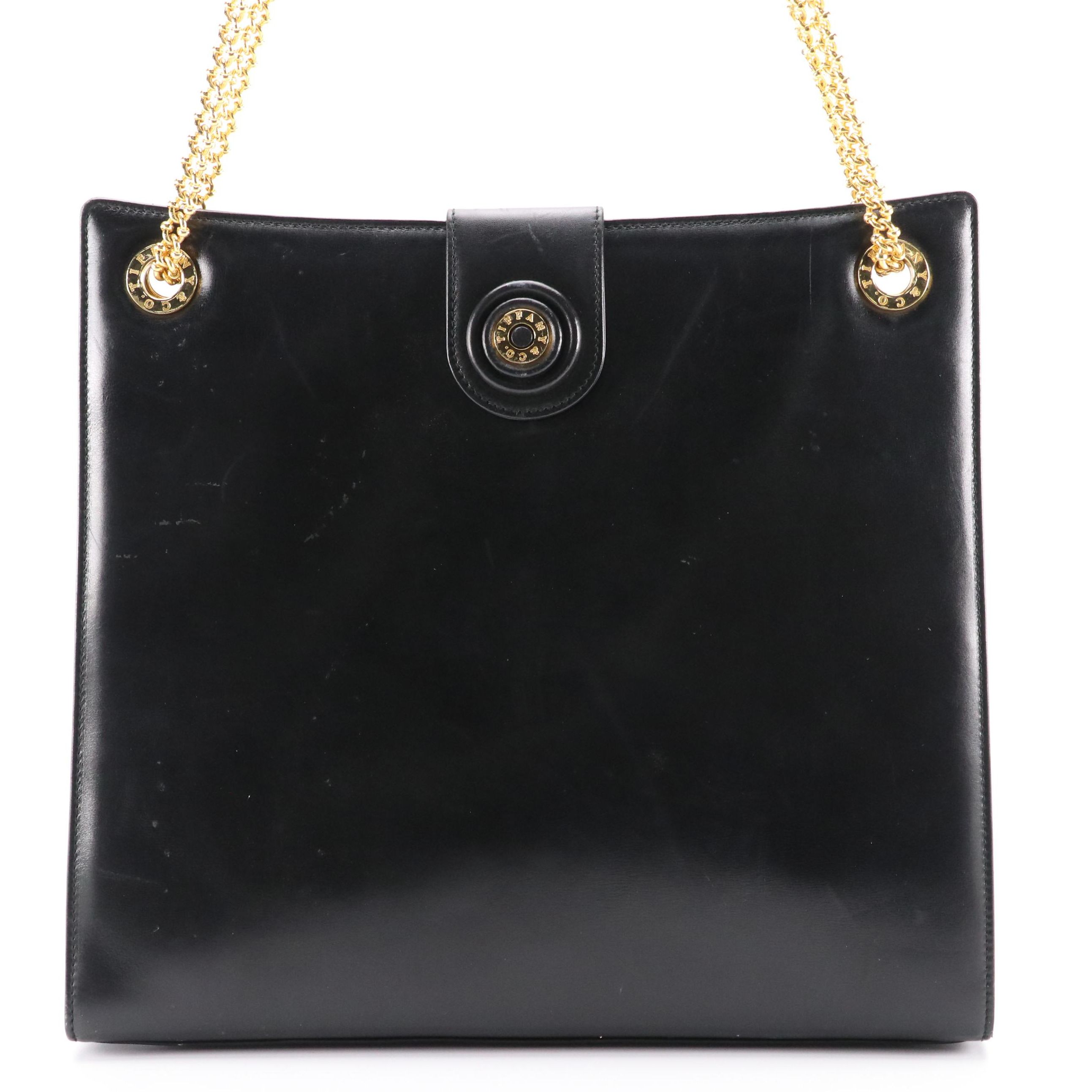 Tiffany & Co. Logo Plate Chain Strap Bag in Black Leather