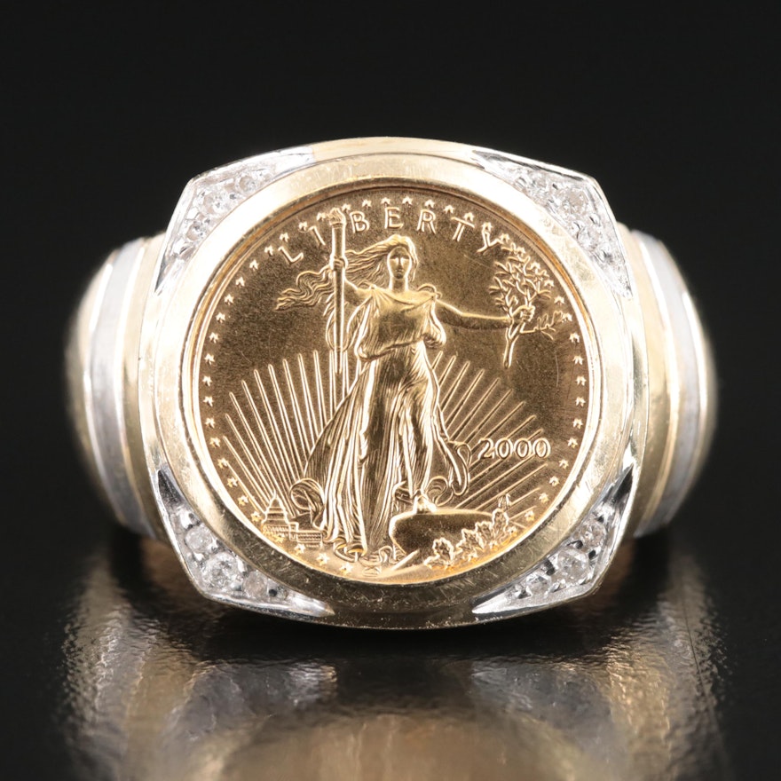 14K Diamond Ring with 2000 $5 1/10th Oz. Gold Eagle Bullion Coin