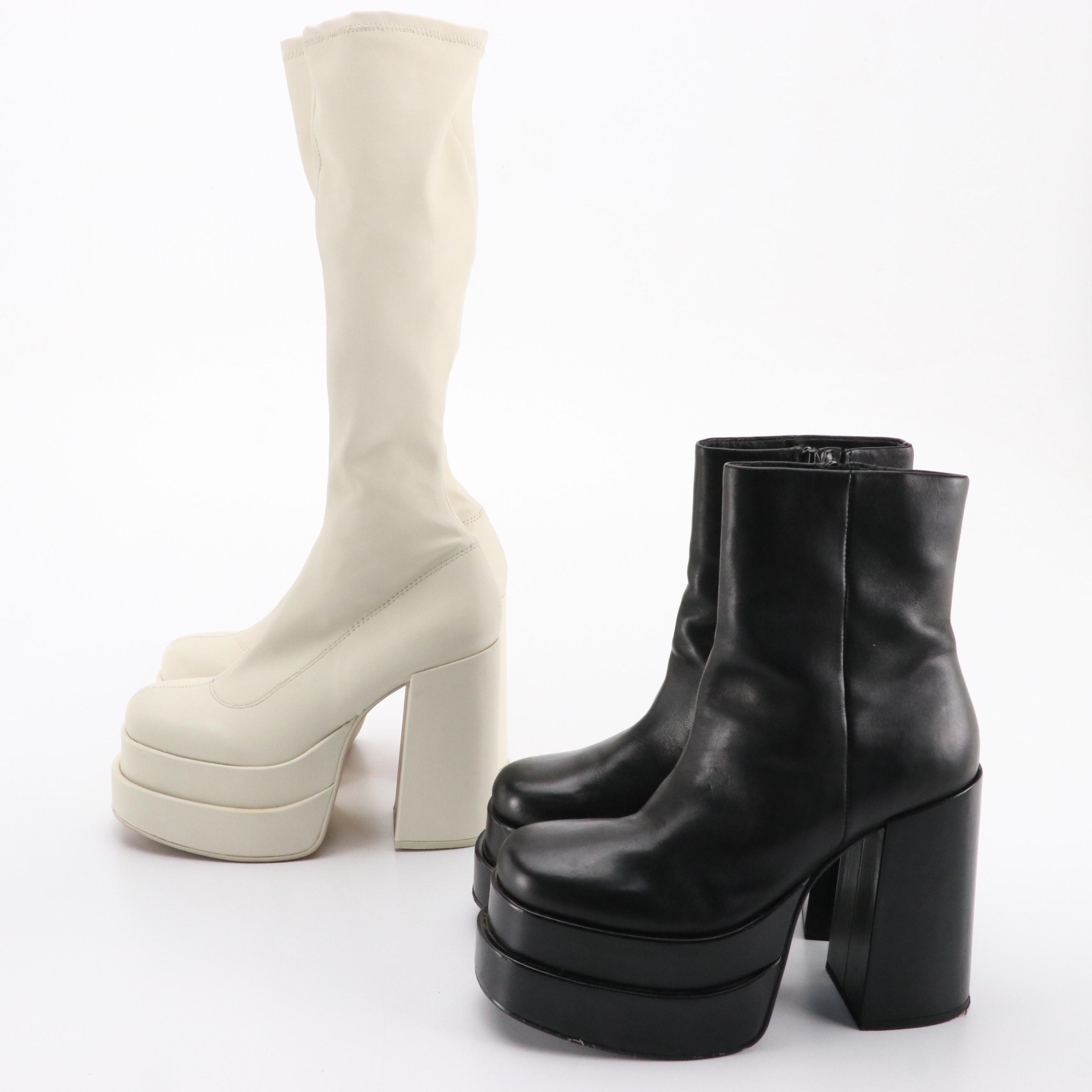 Steve Madden Cobra and Cypress Platform Heeled Boots in Black and White Leather