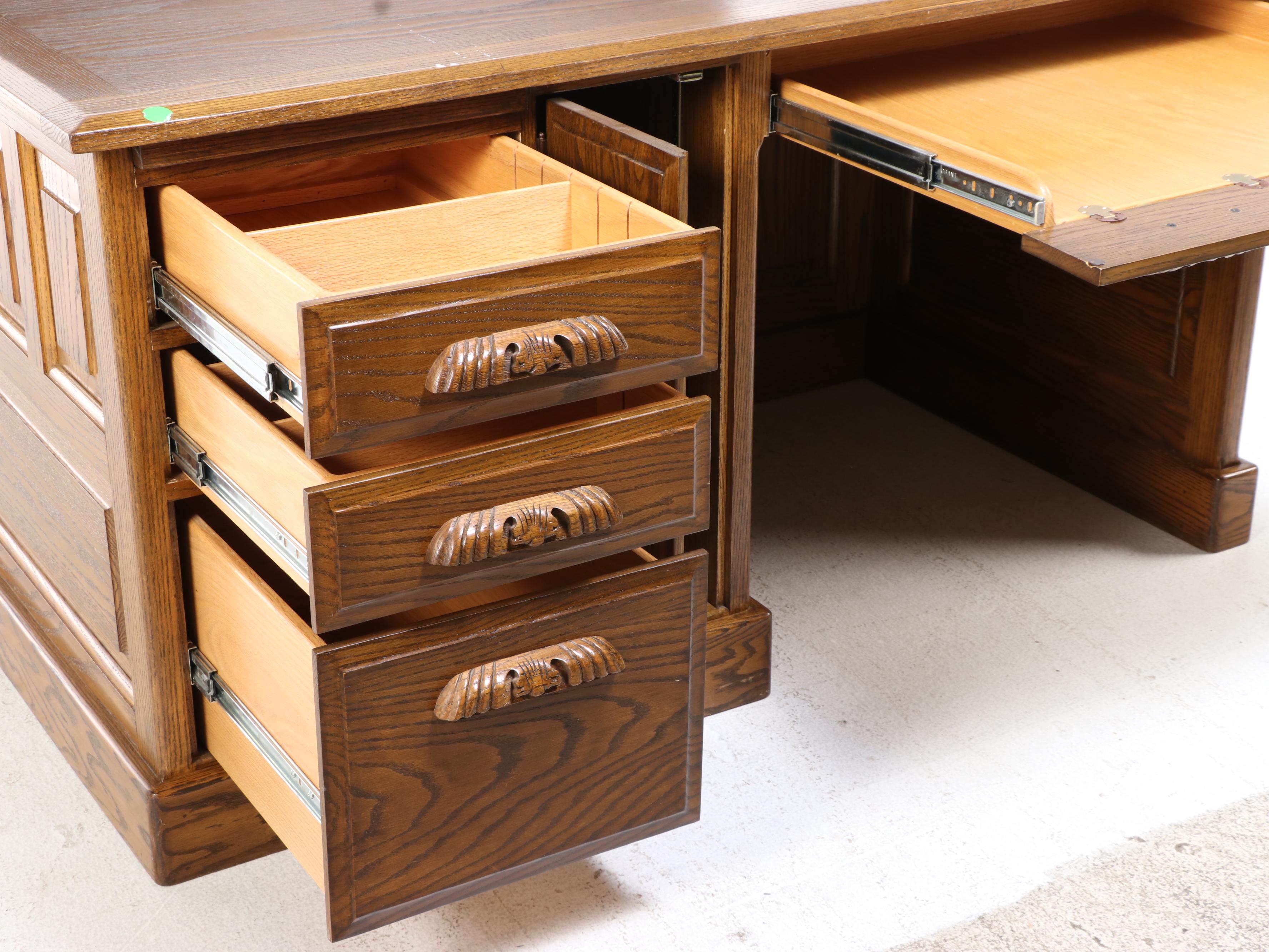 Late Victorian Style Paneled Oak Single-Pedestal Computer Desk