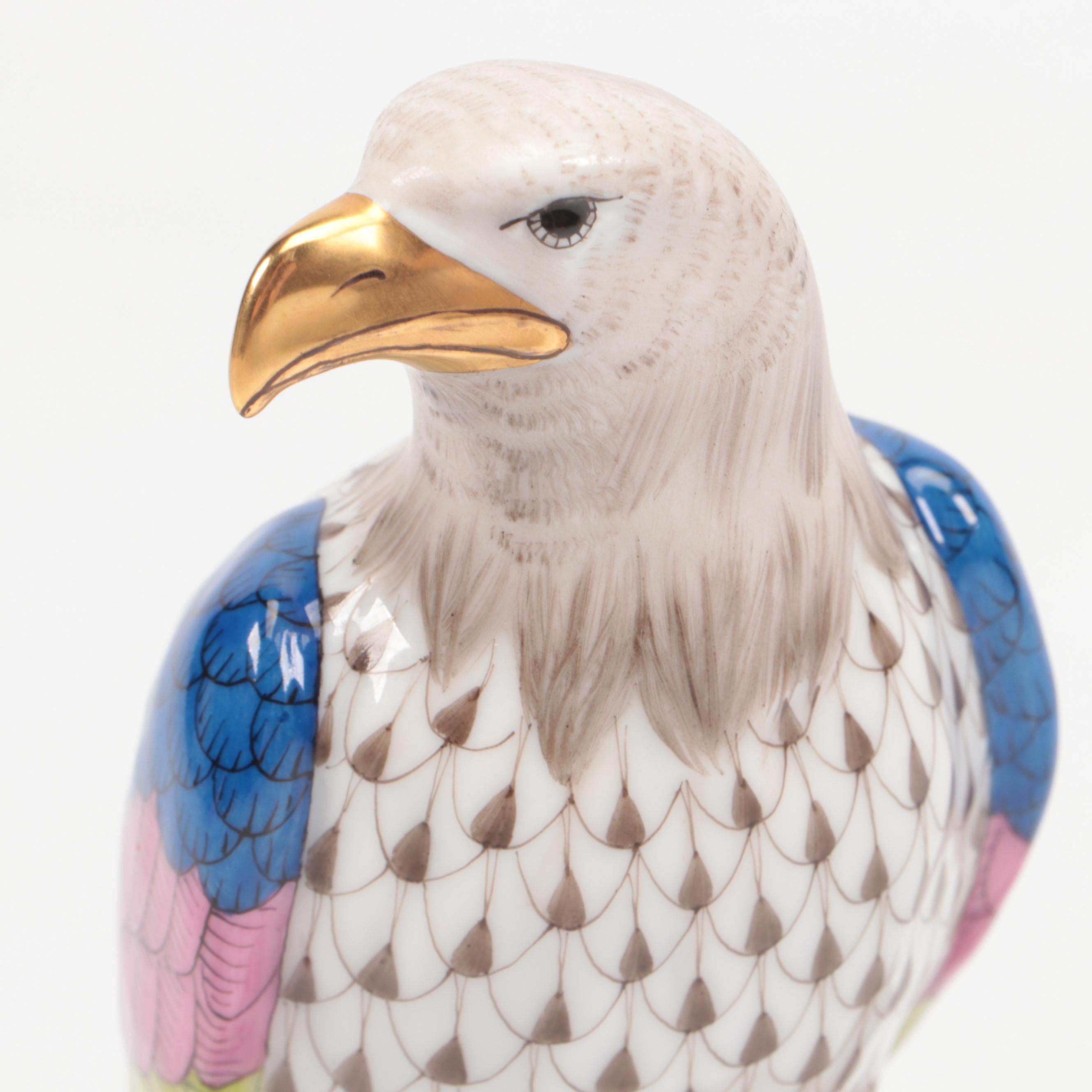 Herend Taupe Fishnet with Gold "Small Bald Eagle" Porcelain Figurine