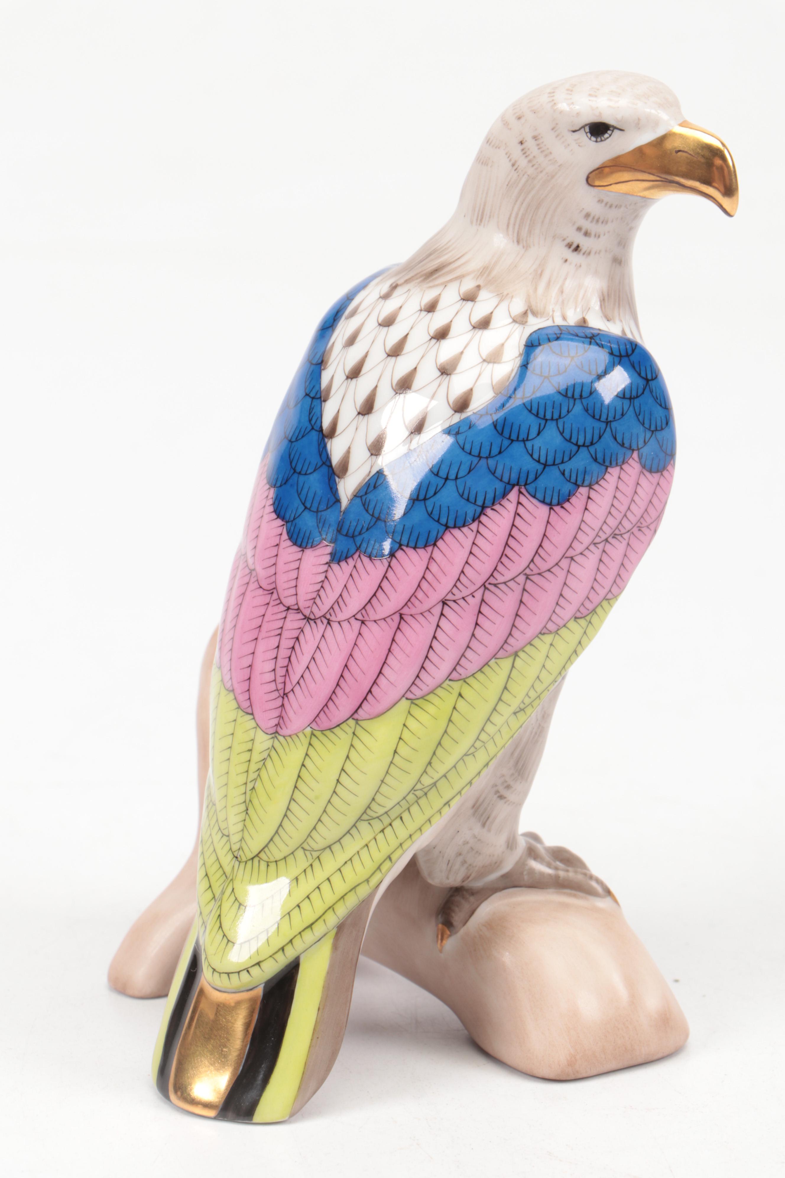 Herend Taupe Fishnet with Gold "Small Bald Eagle" Porcelain Figurine