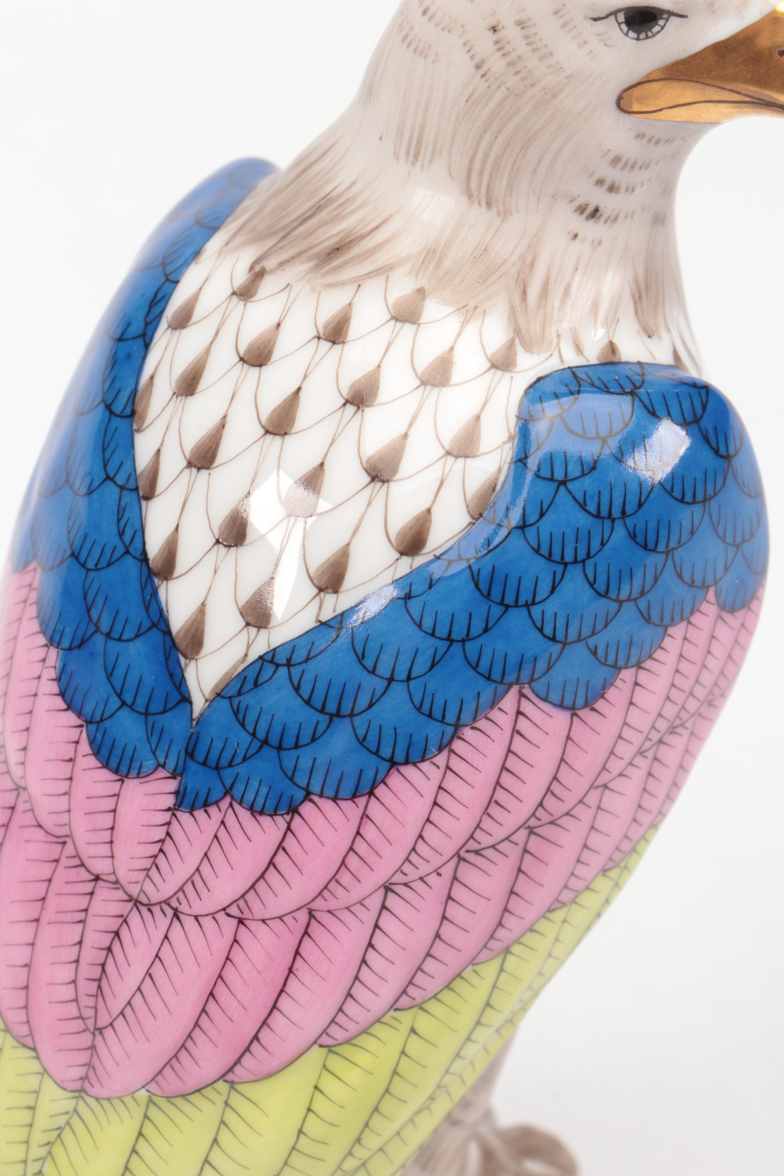 Herend Taupe Fishnet with Gold "Small Bald Eagle" Porcelain Figurine