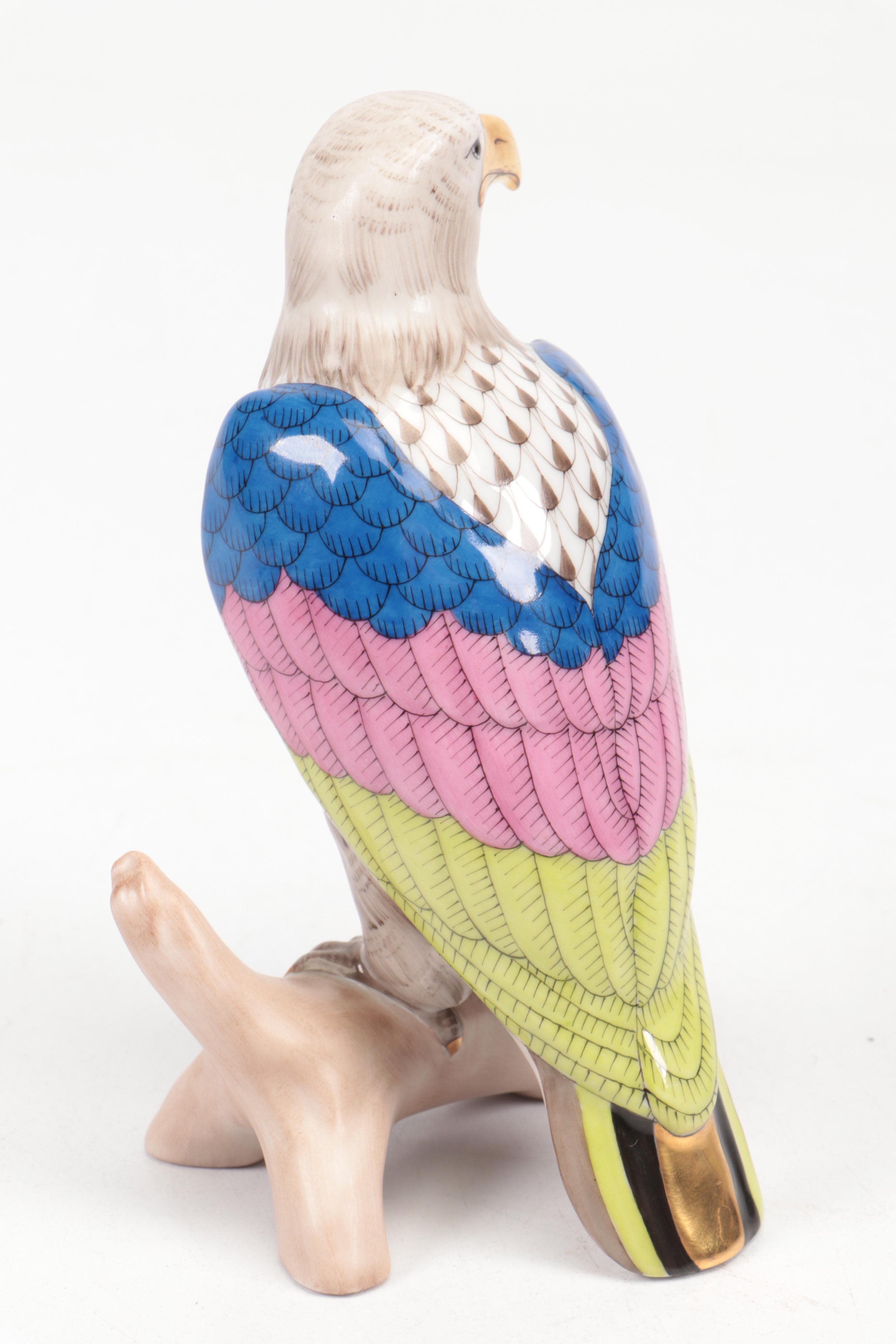 Herend Taupe Fishnet with Gold "Small Bald Eagle" Porcelain Figurine
