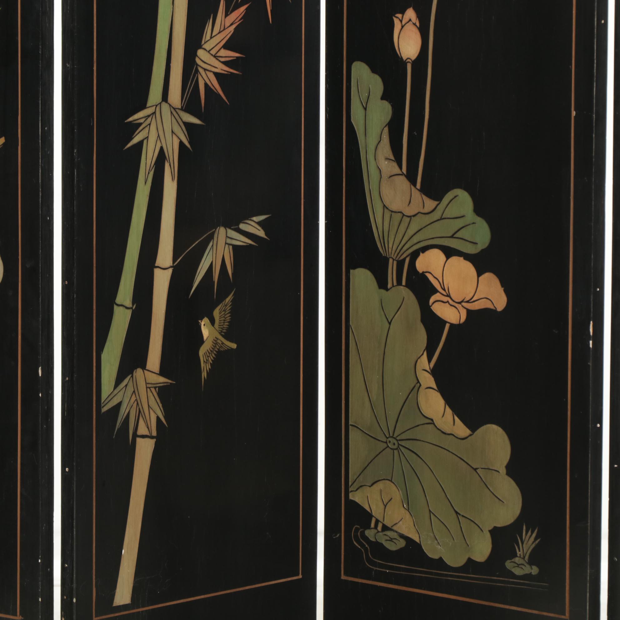 Chinese Style Black Lacquer Four Panel Room Screen, Mid to Late 20th Century