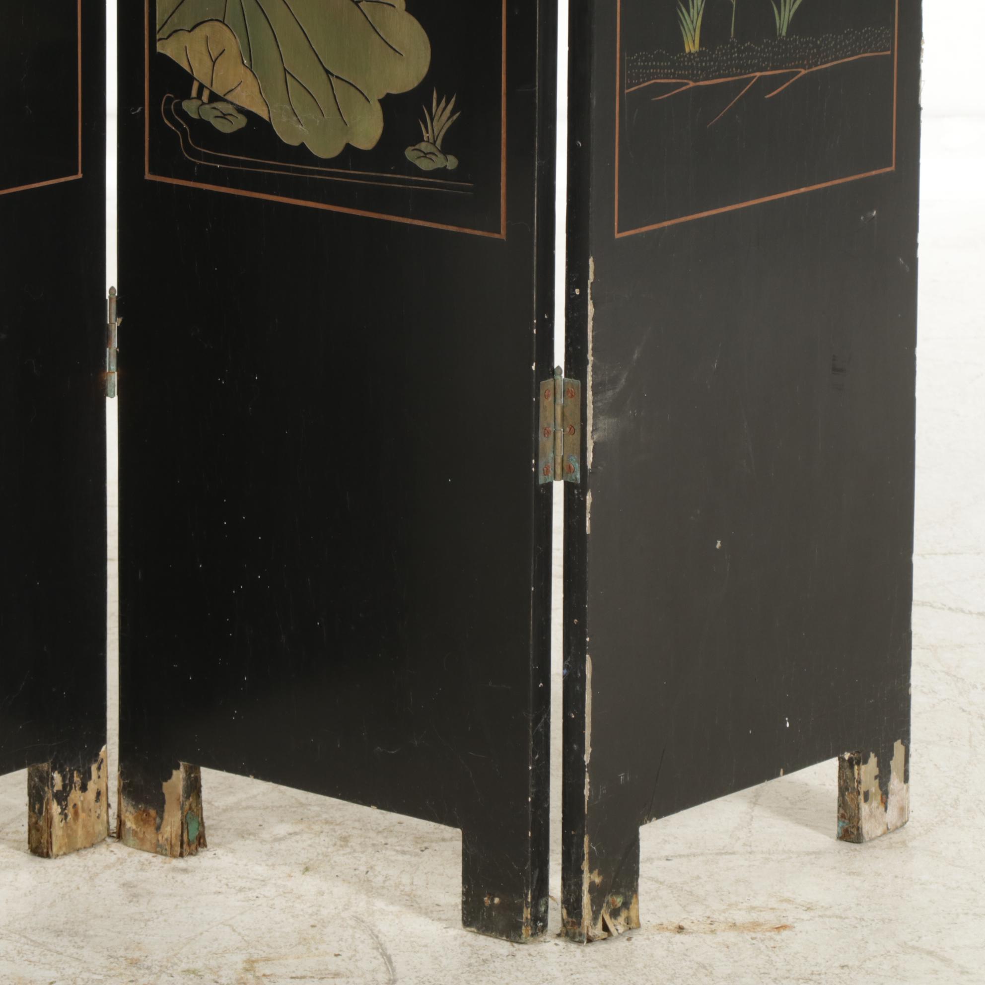 Chinese Style Black Lacquer Four Panel Room Screen, Mid to Late 20th Century