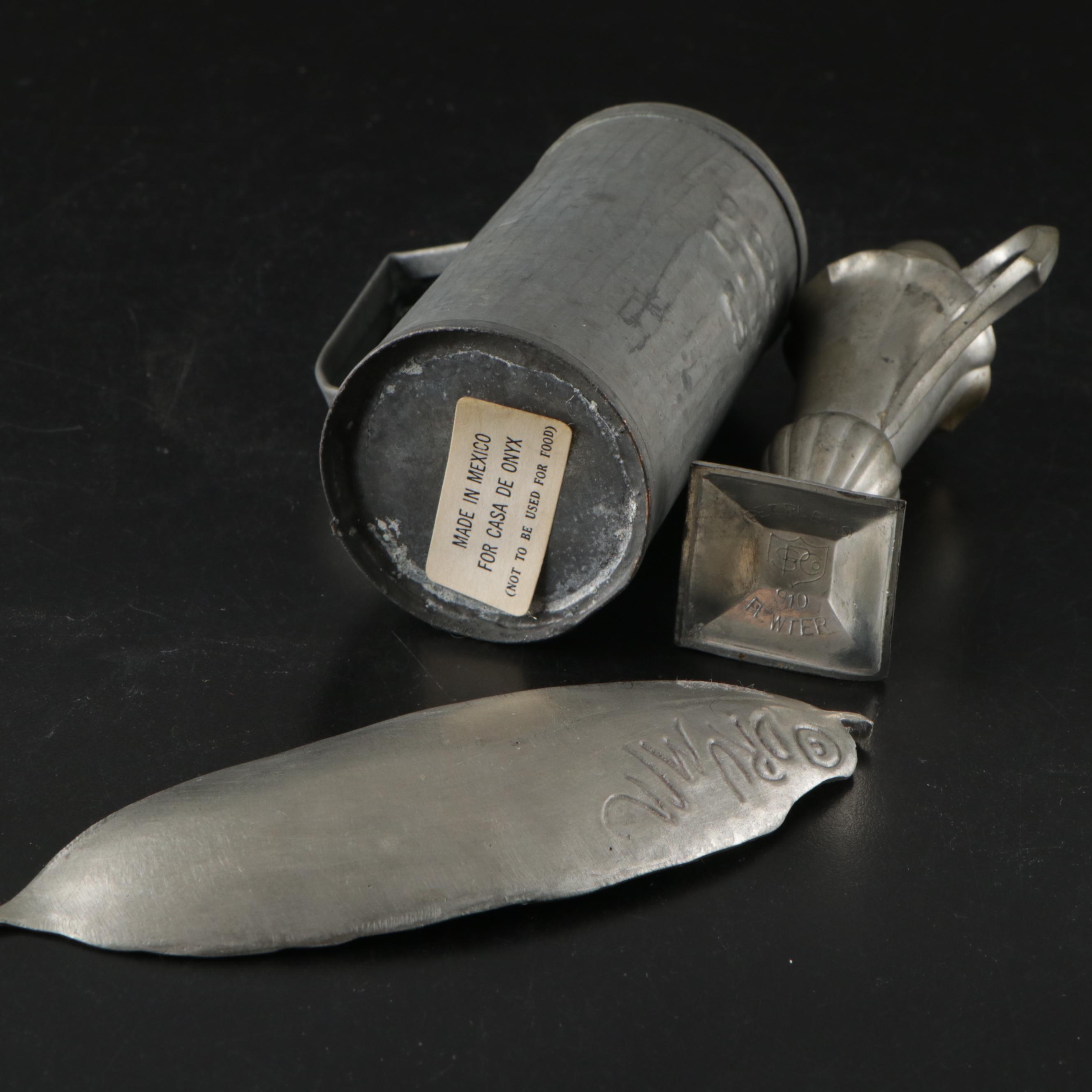 Peerless Pewter Shaker, Tobacco and Talc Boxes, Call Bell, and More