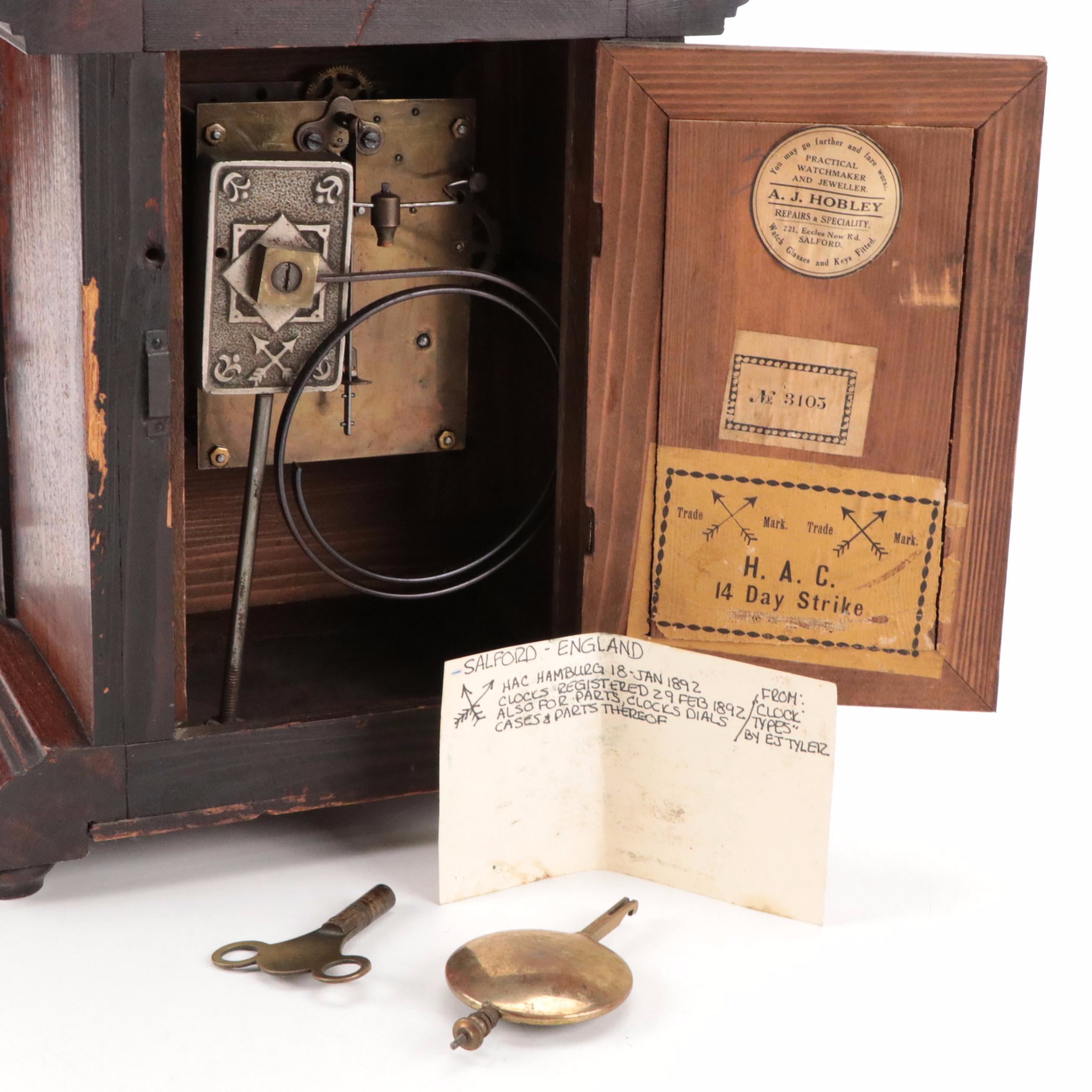 Hamburg American Wooden Mantel Clock, Late 19th Century