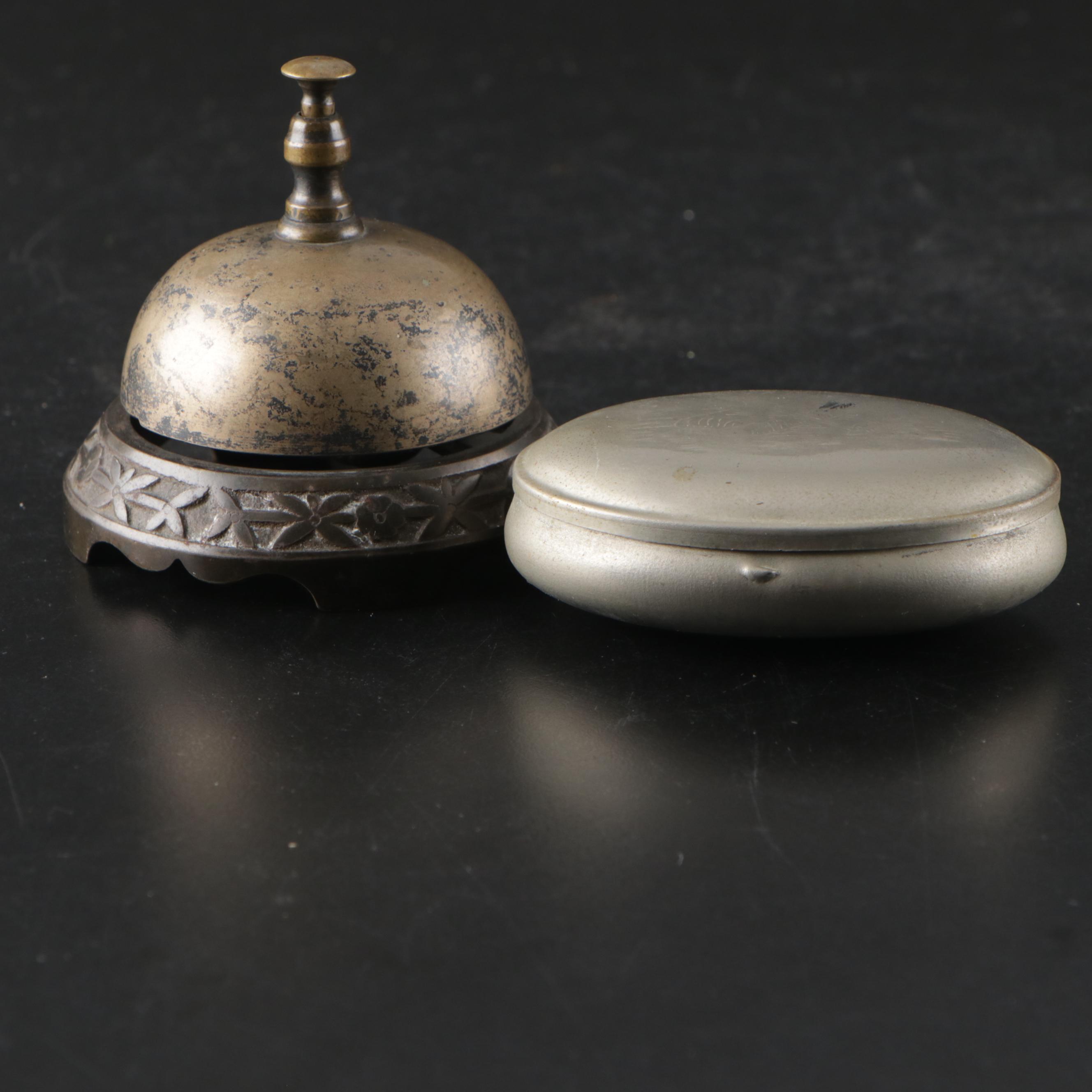 Peerless Pewter Shaker, Tobacco and Talc Boxes, Call Bell, and More