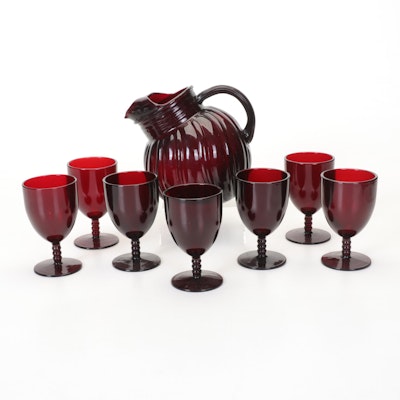 Anchor Hocking "Swirl Royal Ruby" Glass Ball Jug with Seven Water Goblets