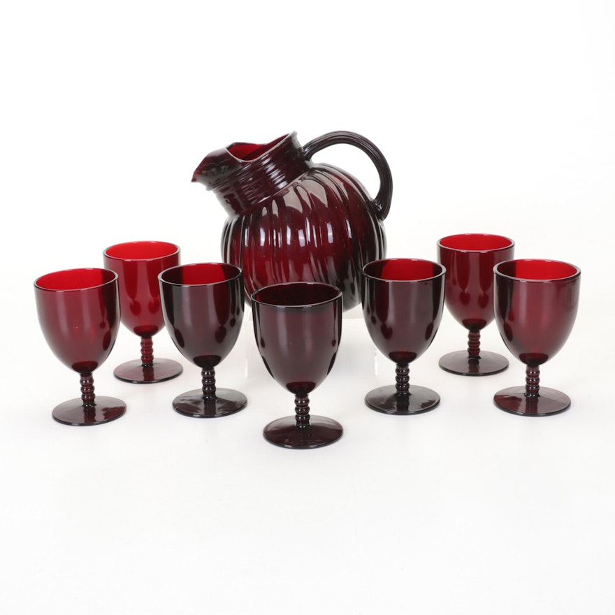 Anchor Hocking "Swirl Royal Ruby" Glass Ball Jug with Seven Water Goblets