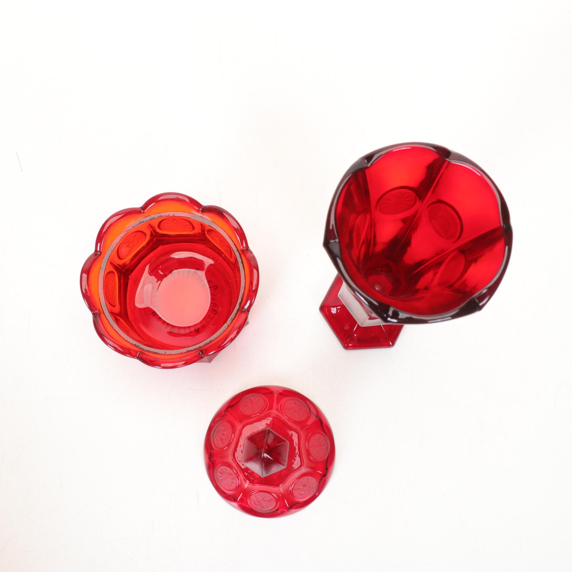 Amberina Moon and Stars Footed Bowl, Fostoria Coin Glass and Ruby Crackle Vases