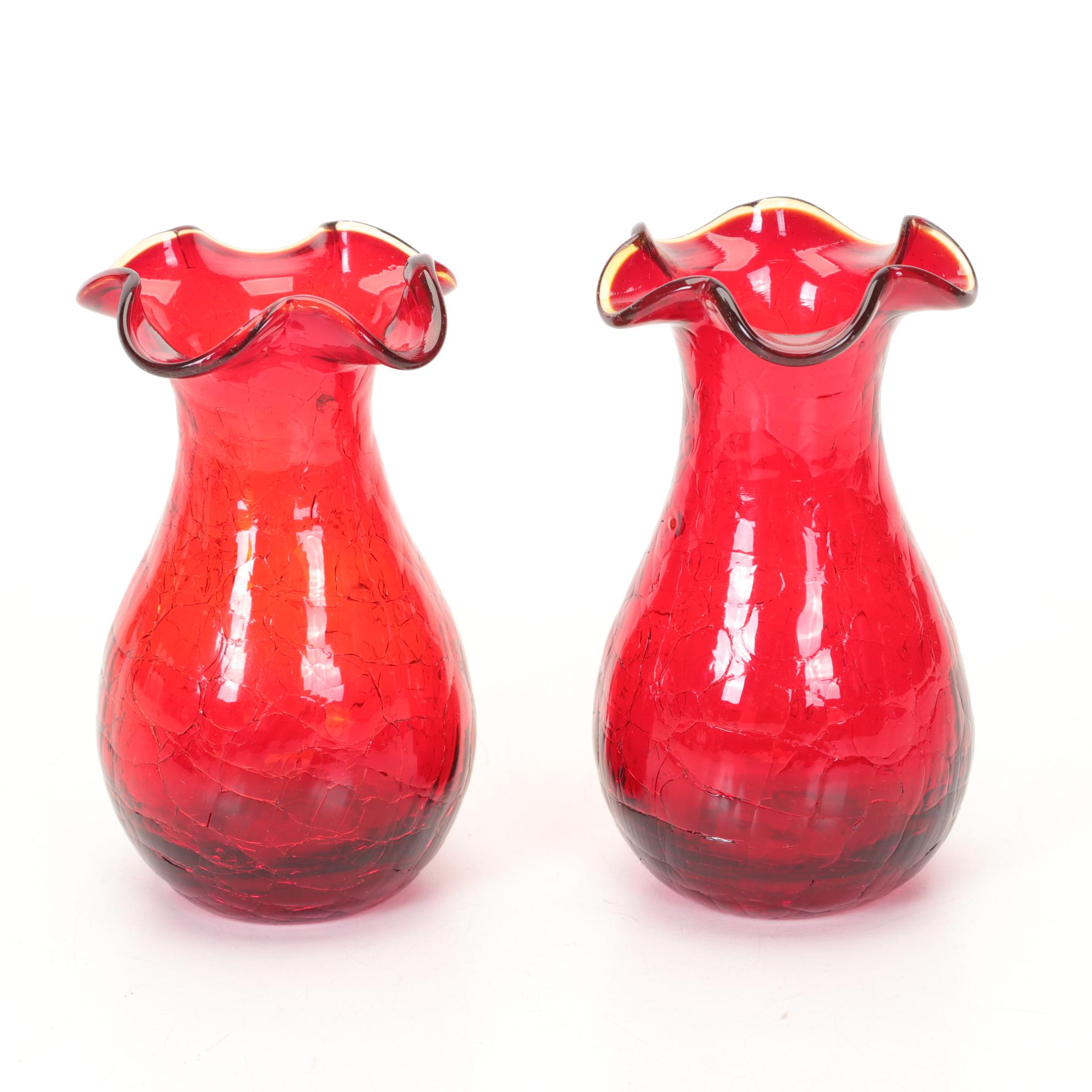 Amberina Moon and Stars Footed Bowl, Fostoria Coin Glass and Ruby Crackle Vases