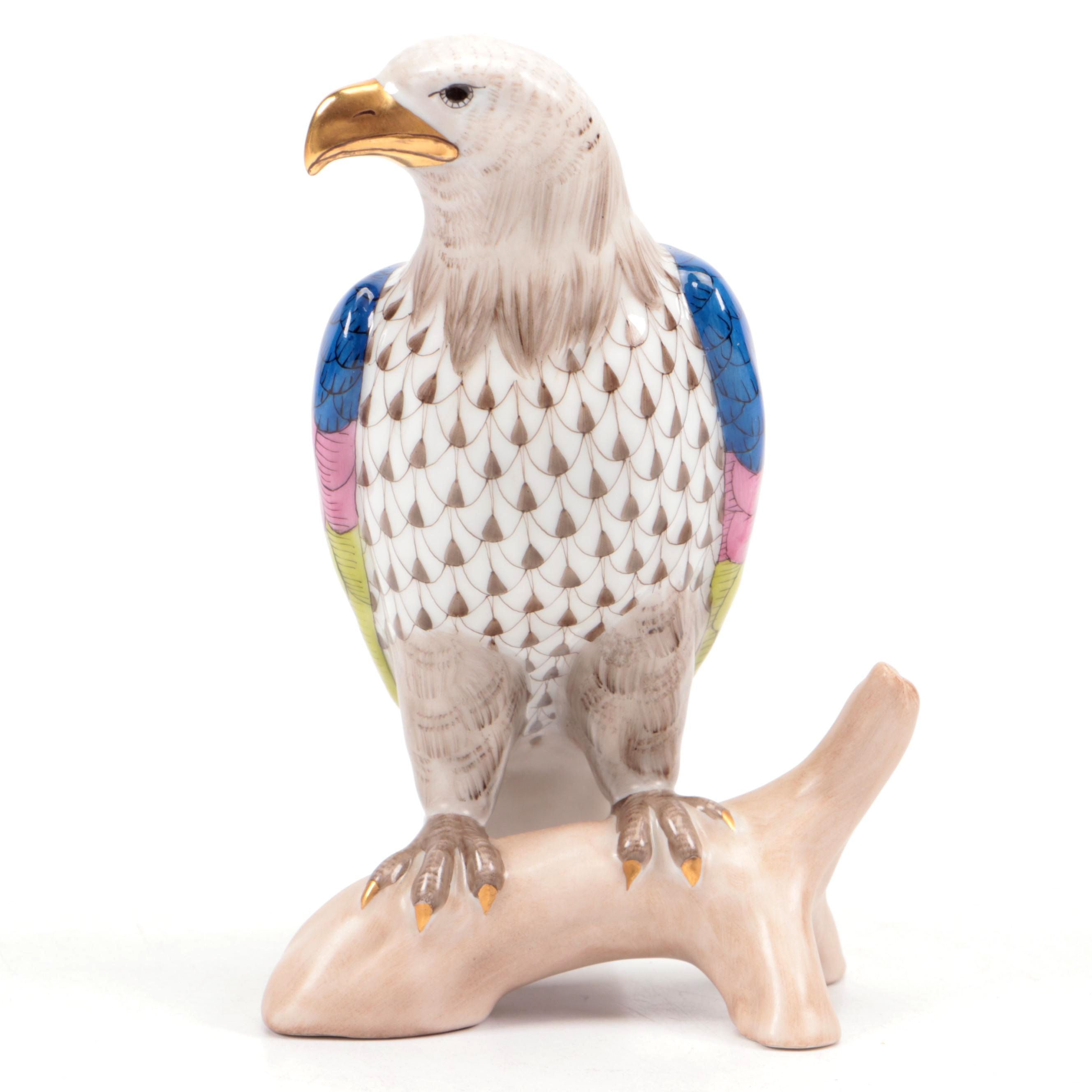 Herend Taupe Fishnet with Gold "Small Bald Eagle" Porcelain Figurine