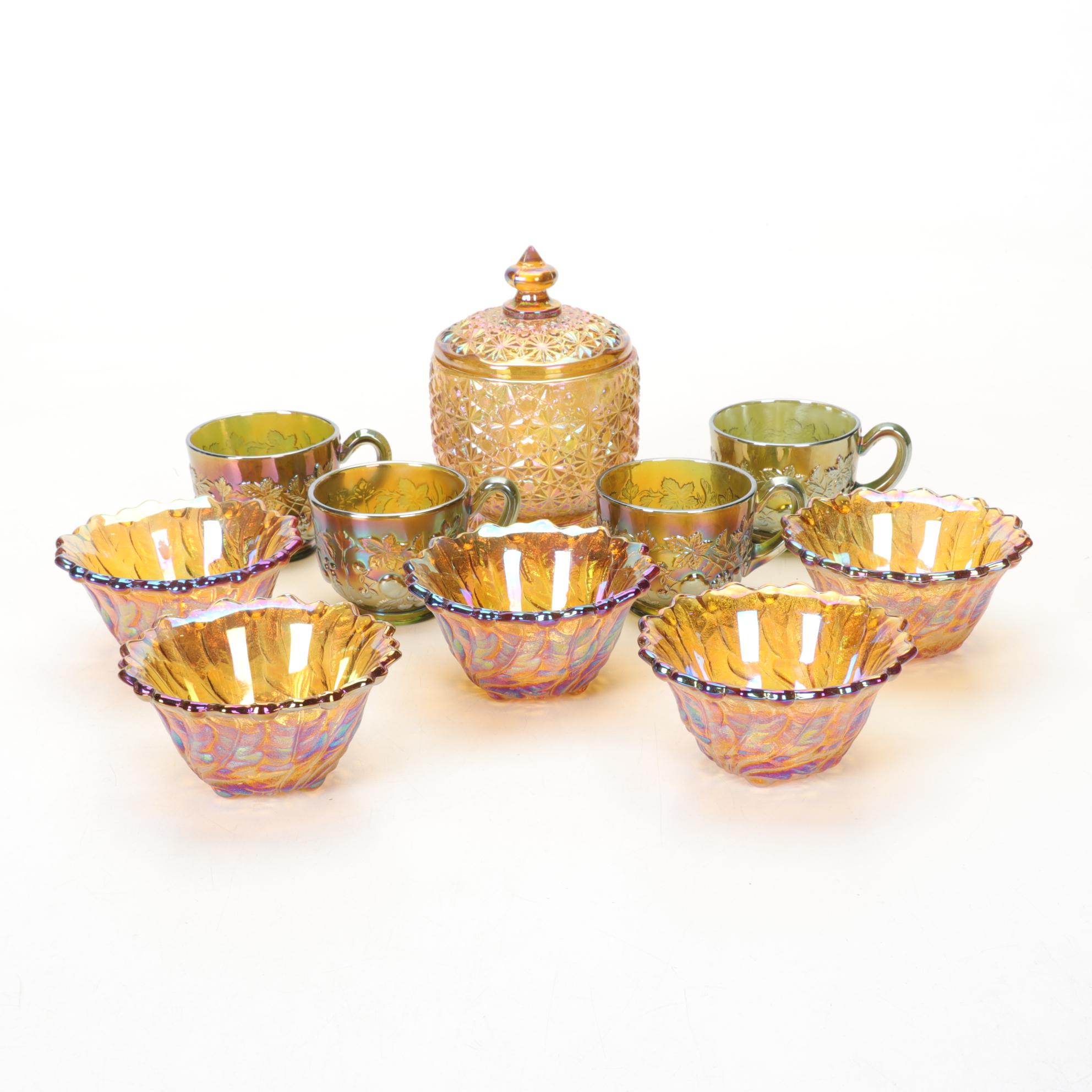 Indiana Carnival Glass Candle Holders, L.E. Smith Lidded Candy Box and More