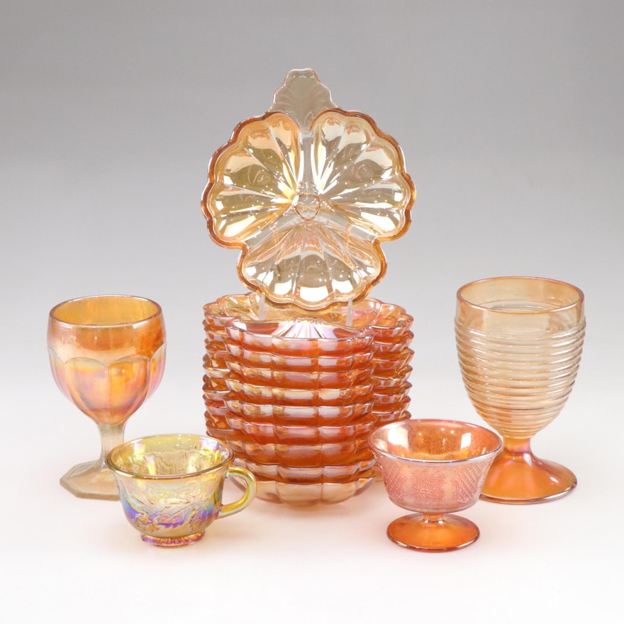 Marigold Carnival Glass Clover Dishes and Miscellaneous Stemware and Cup