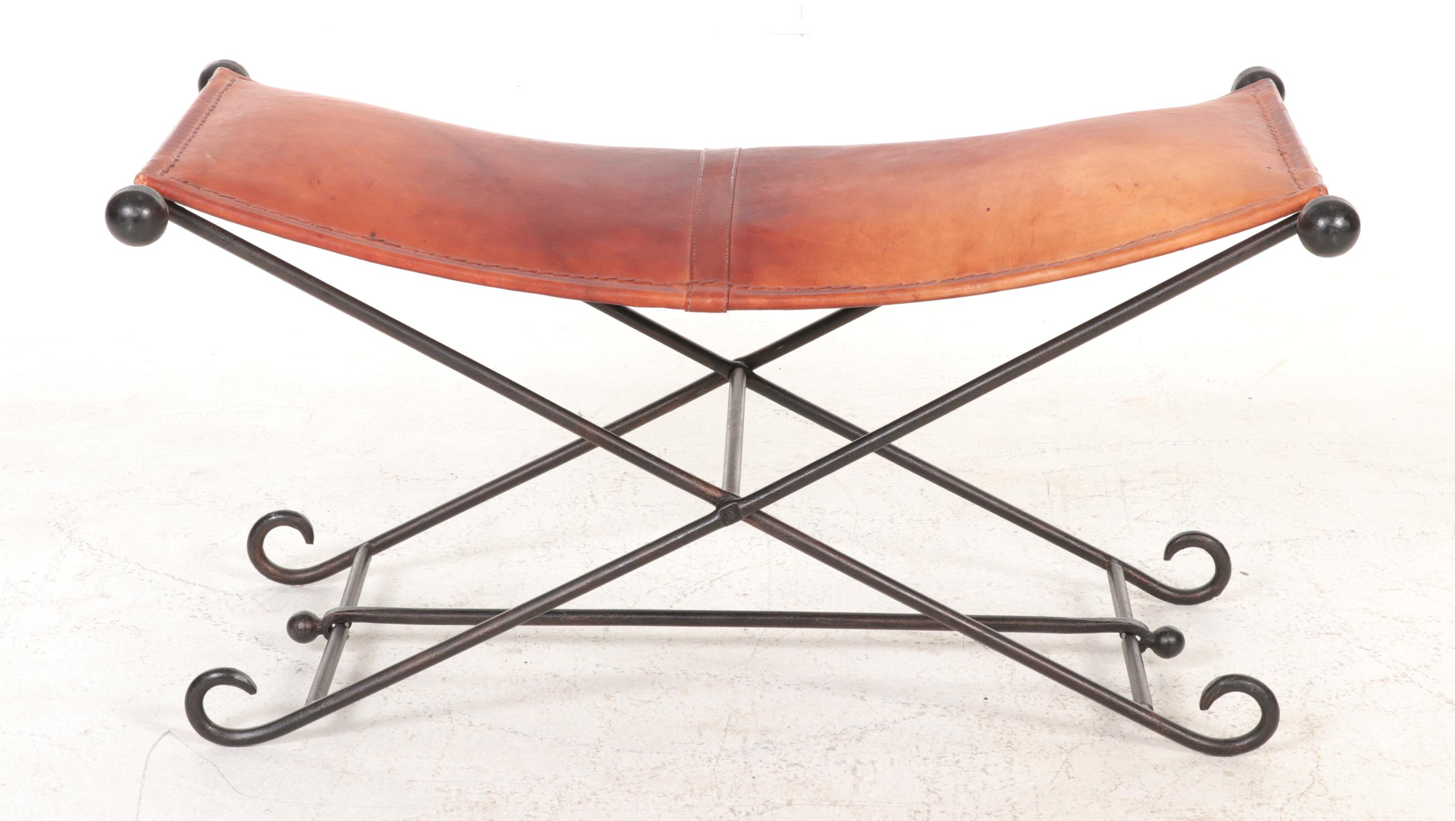 Leather Campaign Bench on Folding Wrought Iron Frame
