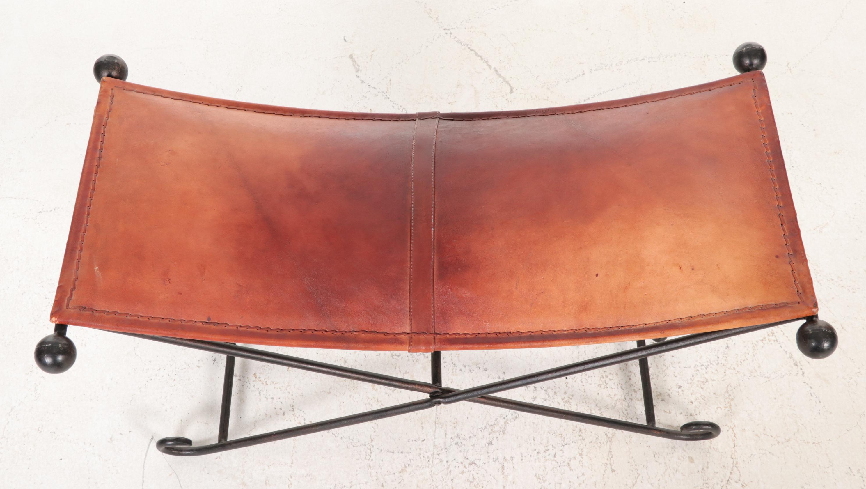 Leather Campaign Bench on Folding Wrought Iron Frame