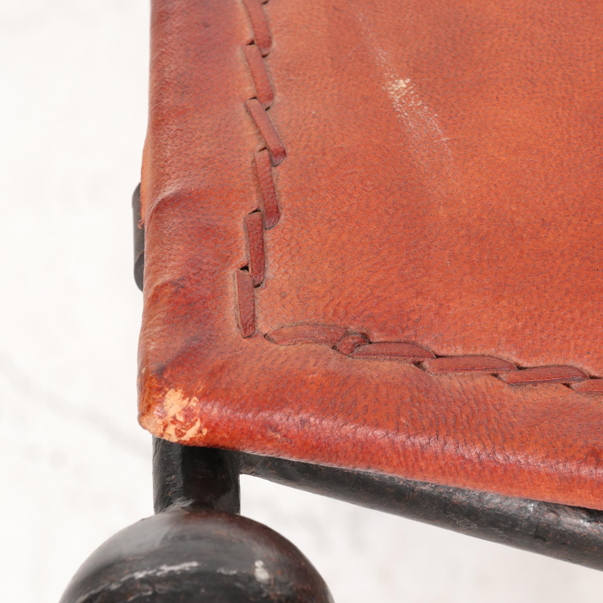 Leather Campaign Bench on Folding Wrought Iron Frame