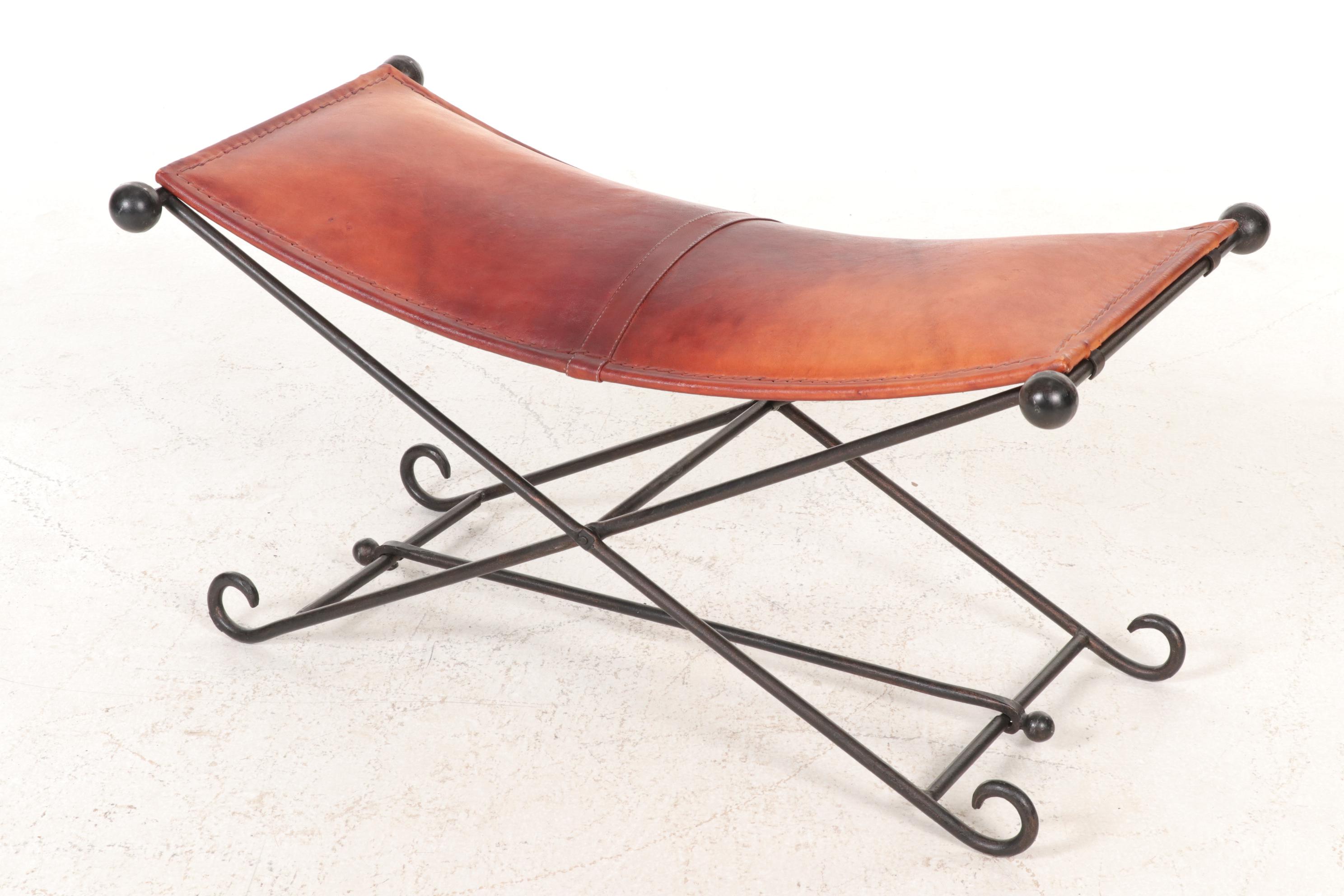 Leather Campaign Bench on Folding Wrought Iron Frame