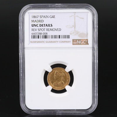 NGC Certified (UNC Details) 1867 Spanish Madrid Four Escudos Gold Coin