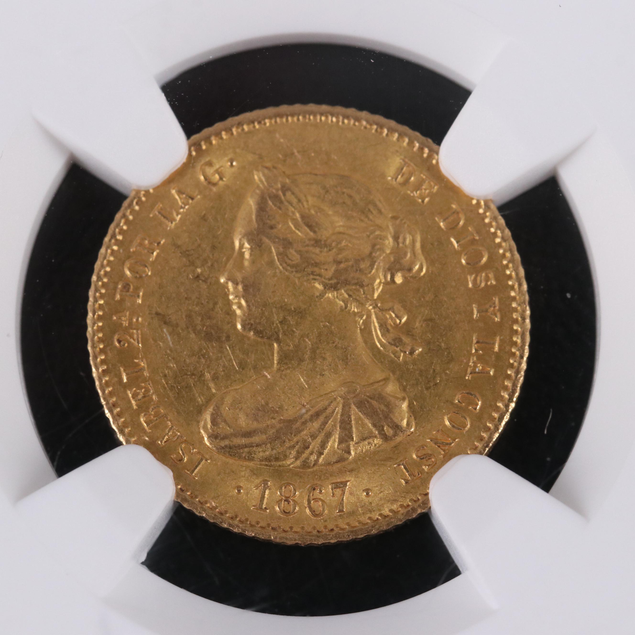 NGC Certified (UNC Details) 1867 Spanish Madrid Four Escudos Gold Coin