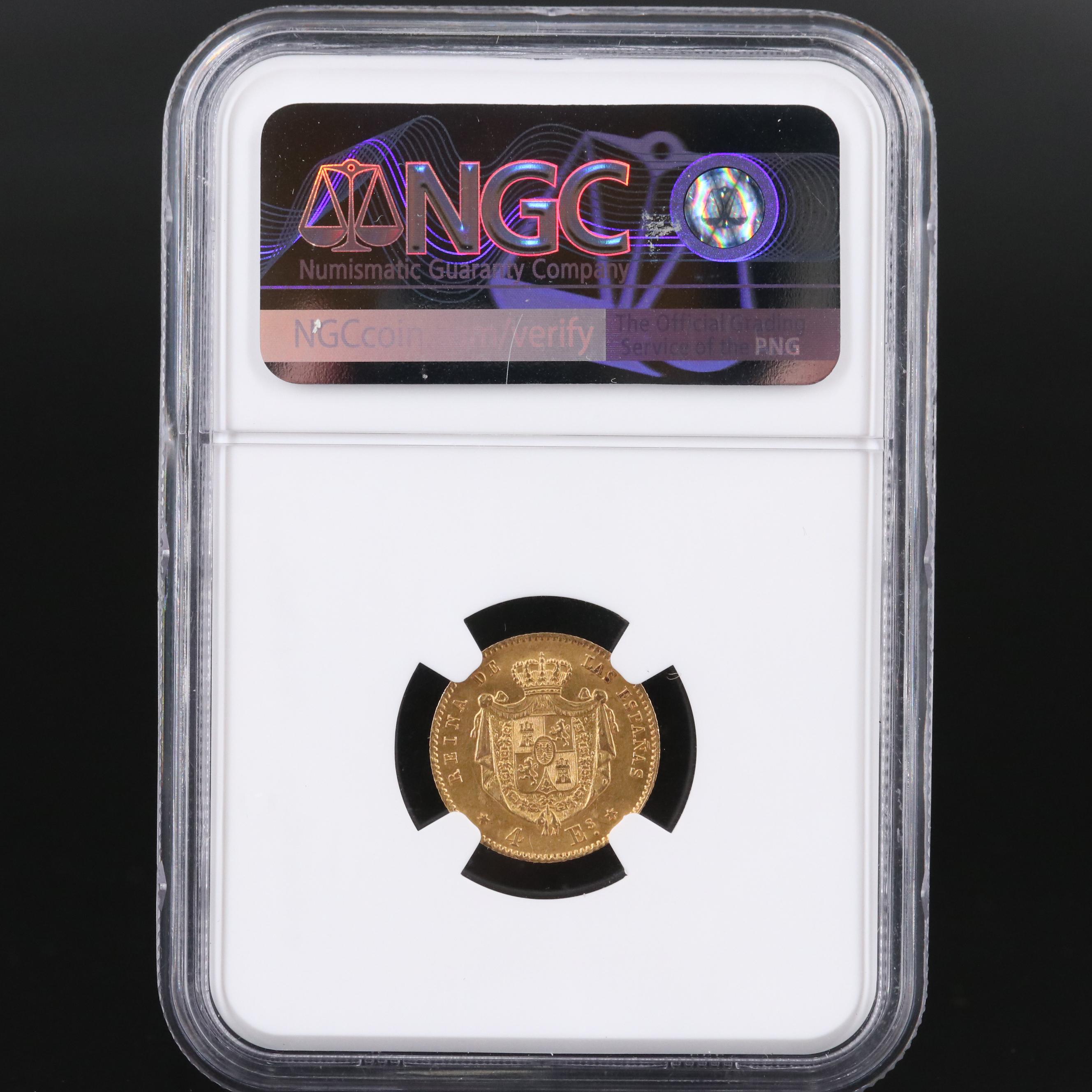 NGC Certified (UNC Details) 1867 Spanish Madrid Four Escudos Gold Coin