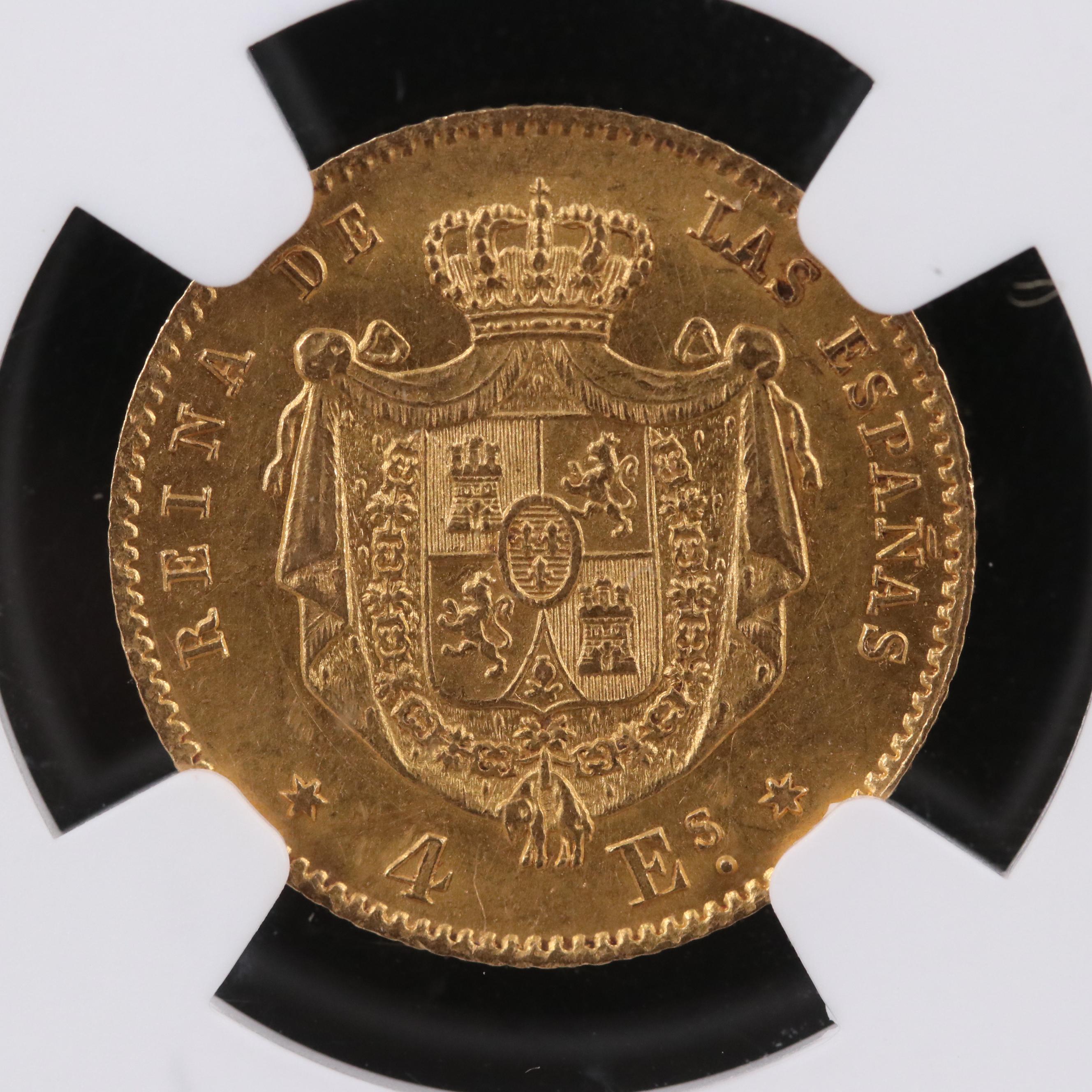 NGC Certified (UNC Details) 1867 Spanish Madrid Four Escudos Gold Coin
